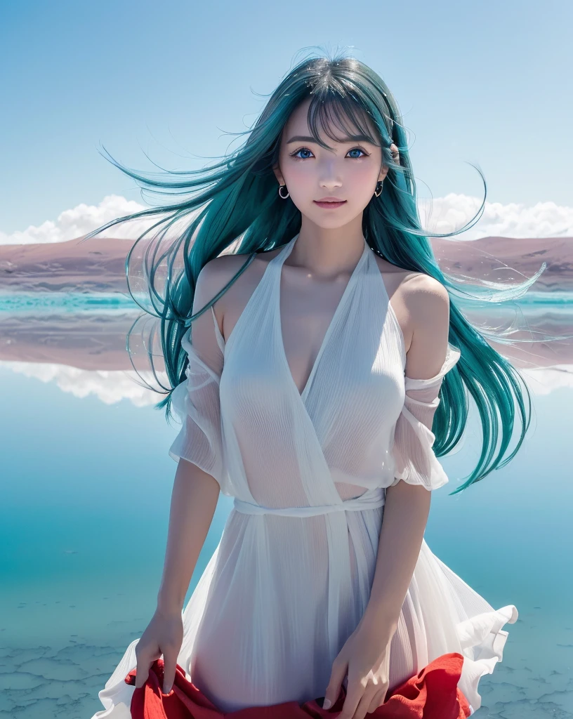 (Highest quality, 32k, High resolution, Masterpiece:1.5), marimo_jet, god々A photograph with brilliant dazzling and healing power., Evoking a sense of calm and elusive beauty, Expressing emotions, Have a rich imagination, Beautiful Japanese Girls, An exceptionally beautiful face, Small Face Beauty, , Perfect Human Anatomy, Magical big eyes, Motherhood and generosity, Deep Love, fleeting smile, Shiny light blue hair, Beautiful super long hair swaying in the wind, Asymmetrical bangs, Hair between the eyes, Transparent, soft white skin, Sharp eyebrows, Thin lashes, ((Natural Makeup:1.3)), (Red dress:1.3), ((High resolutionの美しい太もも)), ((Distant Horizon:1.5)), ((Salar de Uyuni stretches to the horizon:1.3)), ((The water surface reflects the sky like a mirror:1.3)), Beautiful detailed blue sky, Professional photographer, Professional Lighting, Professional models