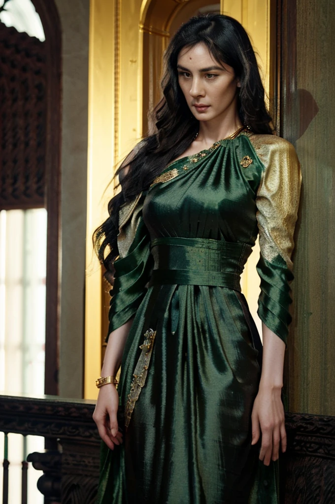 Photorealistic production, (A person), (Realistic image of a 25 year old British model), (Wavy shoulder-length black hair:1.6), (Athletic Body Builds:1.4), (pale skin:1.4), (Wearing a green Kebaya dress decorated with silk fabric and golden jewelry:1.6), (serious face), (deep decolte), (elegant pose:1.6), centred, (shot from the waist up:1.4), From front photo, insane details, intricate face detail, intricate hand details, Cinematic filming and lighting, lifelike colors, work of art, sharp focus, ultra detaild, Taken with DSLR camera, photography realistic, Depth of field, Incredibly realistic environment and scene, Master Composition and Cinematography,Castlevania style