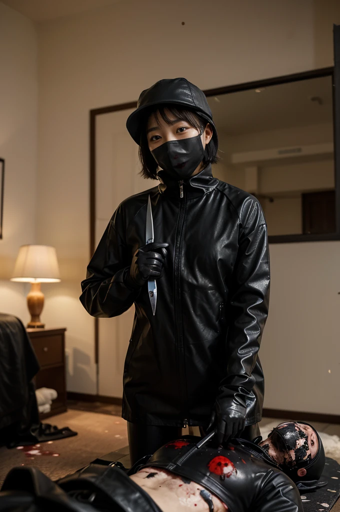 korean girl, (behind corpse, blood splatter), surgical mask, holding knife, stabbing, black raincoat, leather gloves, trucker hat, room full of blood, short hair, holding knife, leather gloves, behind corpse, night, mass murderer, robbery, in the hotel,
