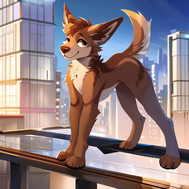 Solo, male, furry art, fursona, ((canine)), (((brown primary fur))), white secondary, (perky ears), cool pose, city background, amazing art, masterfully executed, beautiful background, normal body, paws.