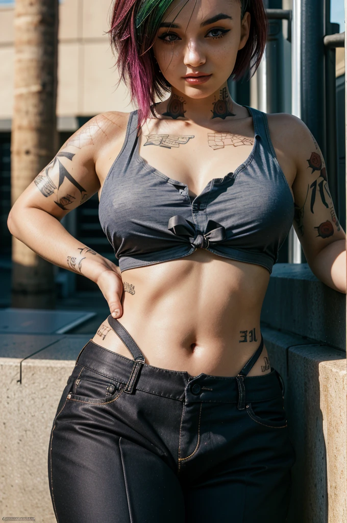 (Multiple angles))A stunning full color intricate portrait in Ultra-HD, a 24 year old (((busty female,))) detailed face, ((ultra detailed, masterpiece, best quality)), short multicolored hair, brown eyes, makeup, tattoos, tank top, black pants, full body, epic character composition . . alessio albi, nina masic, sharp focus, natural lighting, subsurface dispersion, f2, 35mm