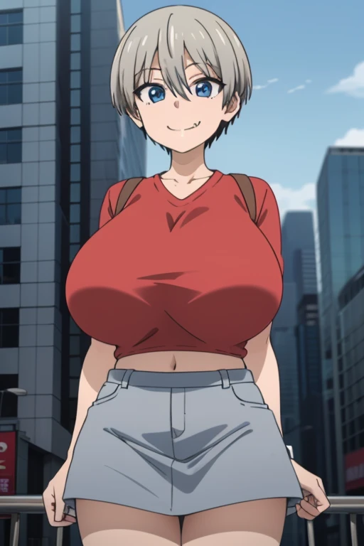 best quality, high resolution, city, tokyo,1girl, huge enormous massive gigantic big large fat breasts, 1girl,short hair,blue eyes,bangs,skin fang,grey hair,fang,hair between eyes, smile, looking at viewer, cowboy shot, croptop, mini shirts,mini skirt 