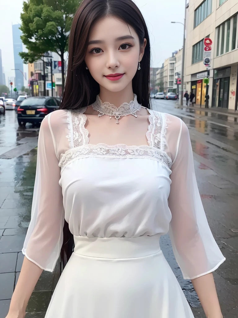 detailed,((best quality, 8K, masterpiece: 1.3)),upper body,dark brown hair, black eye,sharp focus: 1.2, beautiful woman with a perfect body: 1.4, ((Medium Hair, large: 1.2)), (small and beautiful hard (White blouse with lace、darkturquoise silk long maxi- skirt), (wet from rain: 1.2), (rain, street: 1.2), wet body: 1.1, Highly detailed face and skin texture, detailed eyes,White skin,,E cup,smile,Financial district of the big city,Skyscraper,White skin,Beautiful face,Modern skyscraper,