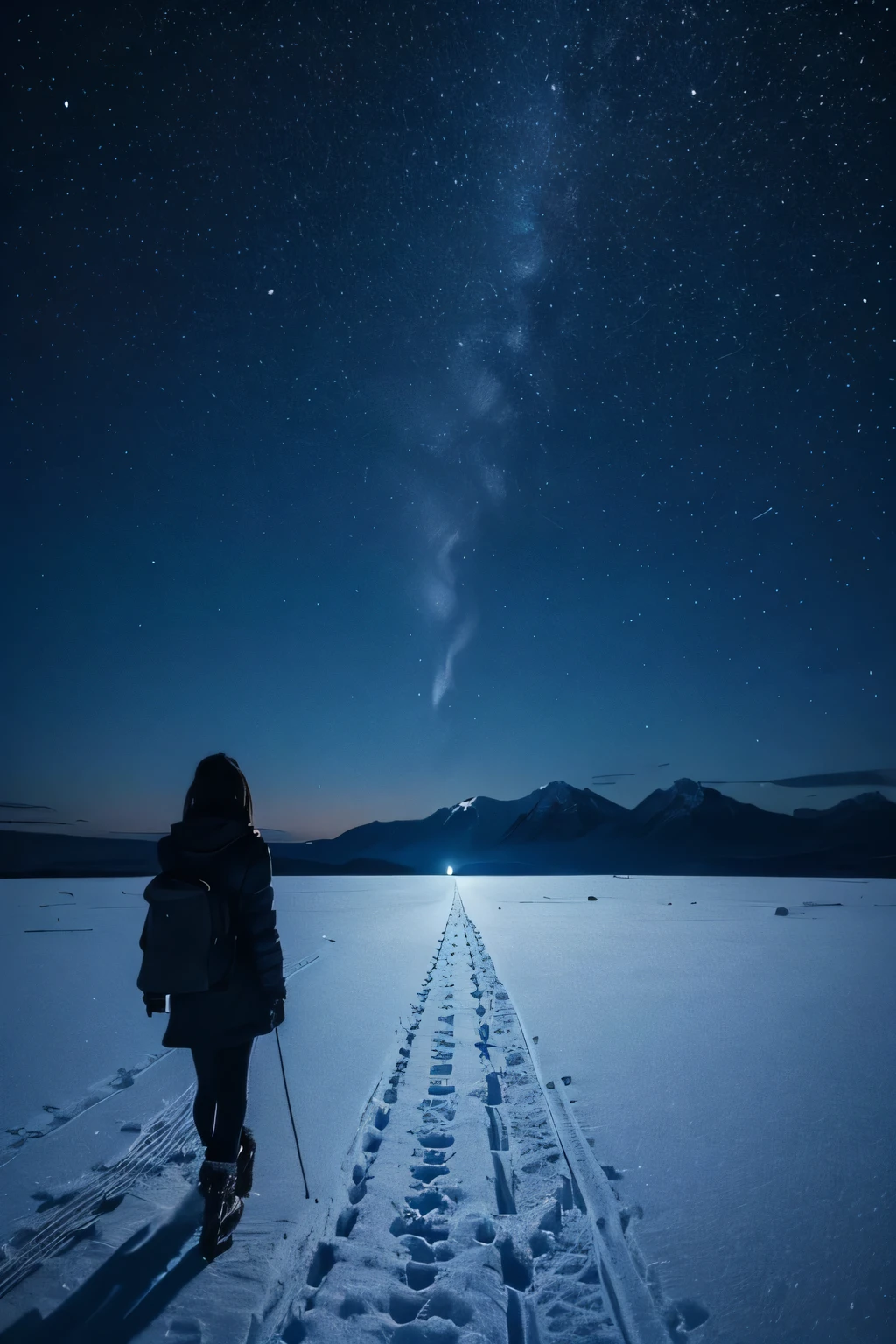 Lonely Ice Land、Faint moonlight in the night sky、Gloomy sky、A faint light in the distance、Lonely scenery、A girl who looks small、Sad snow world、Walking towards the light in the distance、Night Sky、A freezing ice world、I see a small light far away、Very lonely、so sad、Very cold。