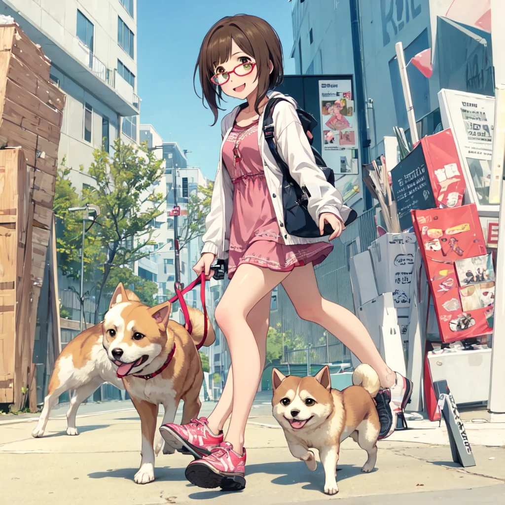 NFSW、Miku、Girl walking a dog、Excited expression、Glasses、Outdoor Clothing、Shiba Inu
