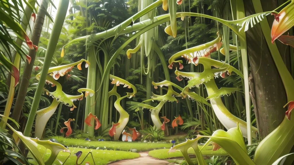(tropical pitcher plants :1.5),with a large mouth and sharp teeth.,in the forest, landscape:1.5