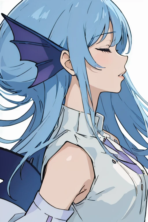 anime style, 1girl, profile, looking to side, head fins(dark blue fish fins as ears), light blue hair, long hair, closed eyes, peaceful expression, white sleeveless dress, light purple sleeves, lips,, portrait,, white background, singing