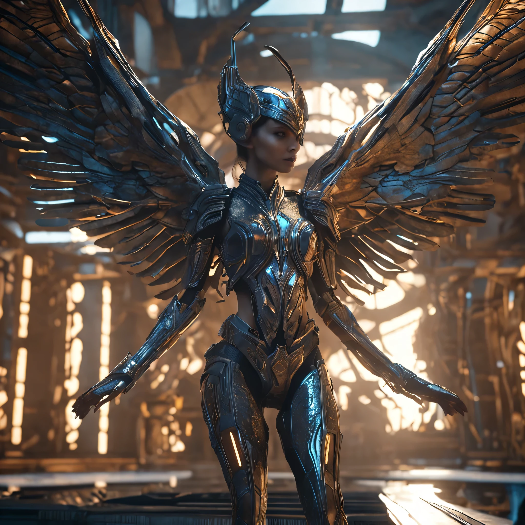 best qualityer, work of art, ultra-high resolution, (photography realistic:1.4), Surrealism, dream like,Fusion Art, shadow dancer, shadow magic, Darkness Control, stealth, step from the shadows, a close-up of a woman,There are wings on the back, Underground city,Machinery,cyber punk character,like a mystical valkyrie, Unreal Engine renderiza uma Valkyrie, fantasy style 8k octane rendering, Fantasy with 4K detail, cinematic goddess shot, Arte de fantasia do Unreal Engine, beautiful cyborg angel girl, Fantasy art Behance, cinematic goddess, Next shot, fantasy beautiful lighting, elegant cinematic fantasy art, cgsociety 8k ,