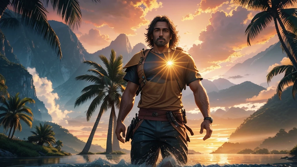 photorealistic landscape, natural landscapes, naturals, Natural Beautys, golden sunset, sky, sky Power, Detailed realistic sunset, palmtrees, mountainous landscape, Rivers of water, sunset Realism, natural treess, alone men, GOD man, Man's beard, GOD's Army Angel, armour Divina, golden Army, Silver Army, armour, Soldier Angel, photorealistic details, GOD's angel masculino, GOD's Army, GOD's Hebrew, GOD's Strong Angel, GOD's Power, angel masculino, male man, Camisa padoru, elegant shirt, Closed blouse, closed shirt, long-sleeved shirt, golden, Tunica, GOD'angel, barba, man with beard, Large Beard, Barba Judaica, Hebrew, panorama, Alpha Male, Caminho para o sky, heavenly, 8K Detailed Realistic Image, 16K Photorealistic Contrast, 8K Photorealistic Sharpness, Photorealistic 4K cores, 16K Photorealistic Shadows, 8K Photorealistic Textures, 16K Photorealistic Texture, 4K Photorealistic Light, 4K PhotoRealism, FullHD 4K Detailed Contrast, detailed sharpness FullHD 8K, detailed sharpness FullHD 4K, detailed sharpness, 2K detailed colors, lifelike colors, FullHD Detailed Shadows, 4K Detailed Textures, detailed texture, padoru, natural beautifuls, posh
