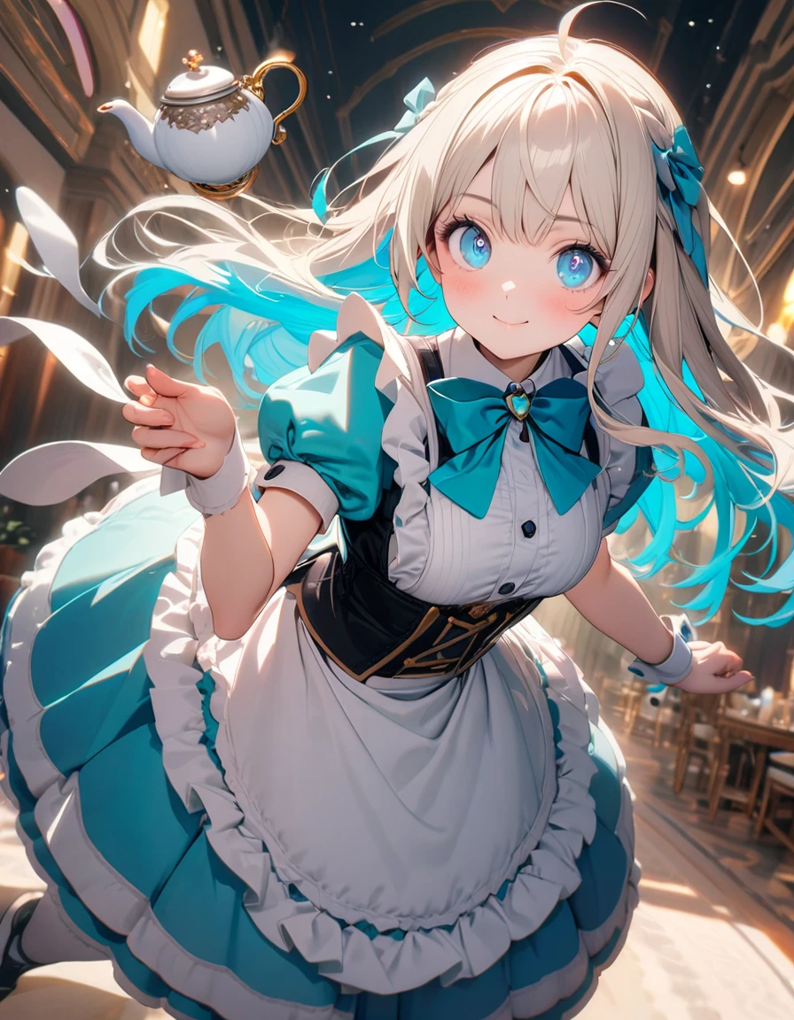 (8K, best quality, master piece: 1.2), super high resolution, ultra-detailed face, detailed eyes, blue eyes, cream hair, long hair, Aqua ta fashion, white frilled apron, smile, black facinator ribbon decoration, Alice costume, teacup and teapot are floating in the air, Pocket watch and rabbit floating in the air, Alice is flying, cute, dynamic pose, rim light, Look at viewer