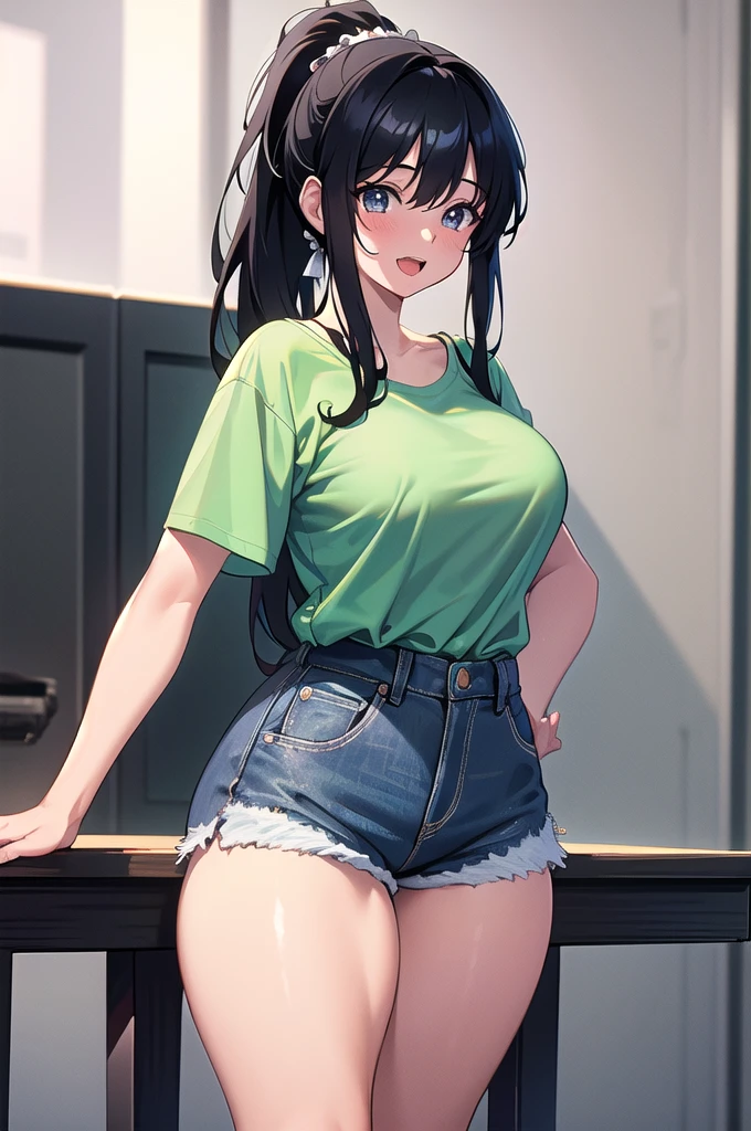 20 years old,1 girl, extremely thick thighs, hyperrealistic, 8k, (extremely detailed 8k), (very delicate and beautiful), (masterpiece), (better quality:1.0), (ultra high resolution:1.0), (masterpiece, best quality), cute,black hair,laugh with open mouth,gleaming skin,, short sleeve shirt,short denim pants,leaning forward,ponytail,upper body,from the front,looking back