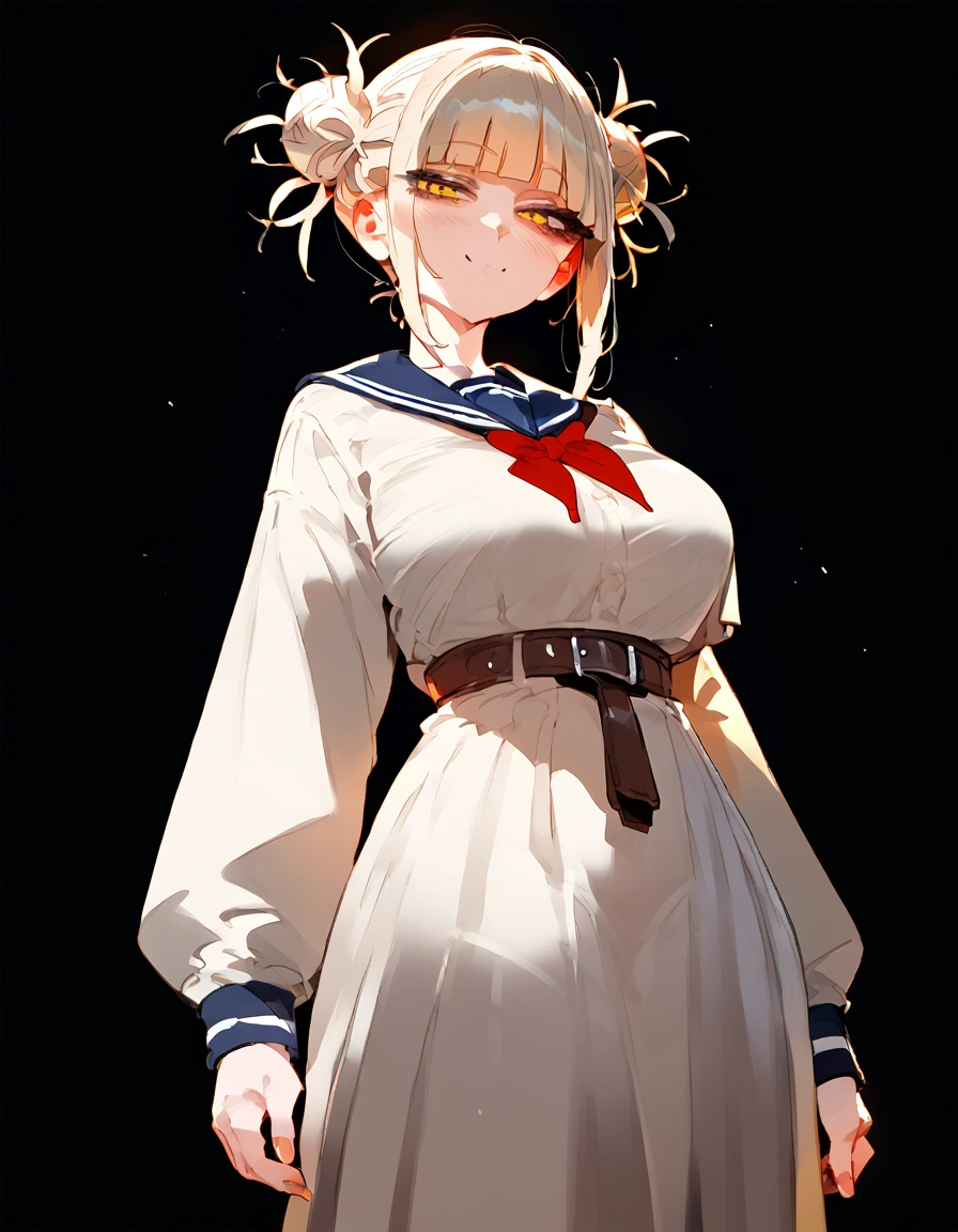 anime artwork, score_9, score_8_up, score_7_up, score_6_up, score_5_up, score_4_up, floox style //////Himiko toga, big breasts, she is 24 years old, style_3, yellow eyes, black background, dress