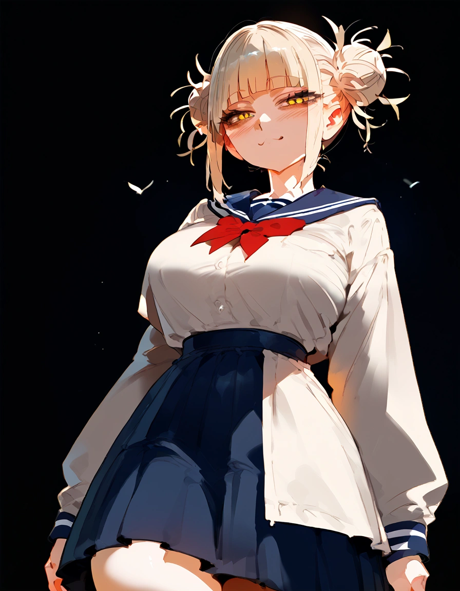 anime artwork, score_9, score_8_up, score_7_up, score_6_up, score_5_up, score_4_up, floox style    //////Himiko toga, big breasts, she is 24 years old, style_3, yellow eyes, black background, dress