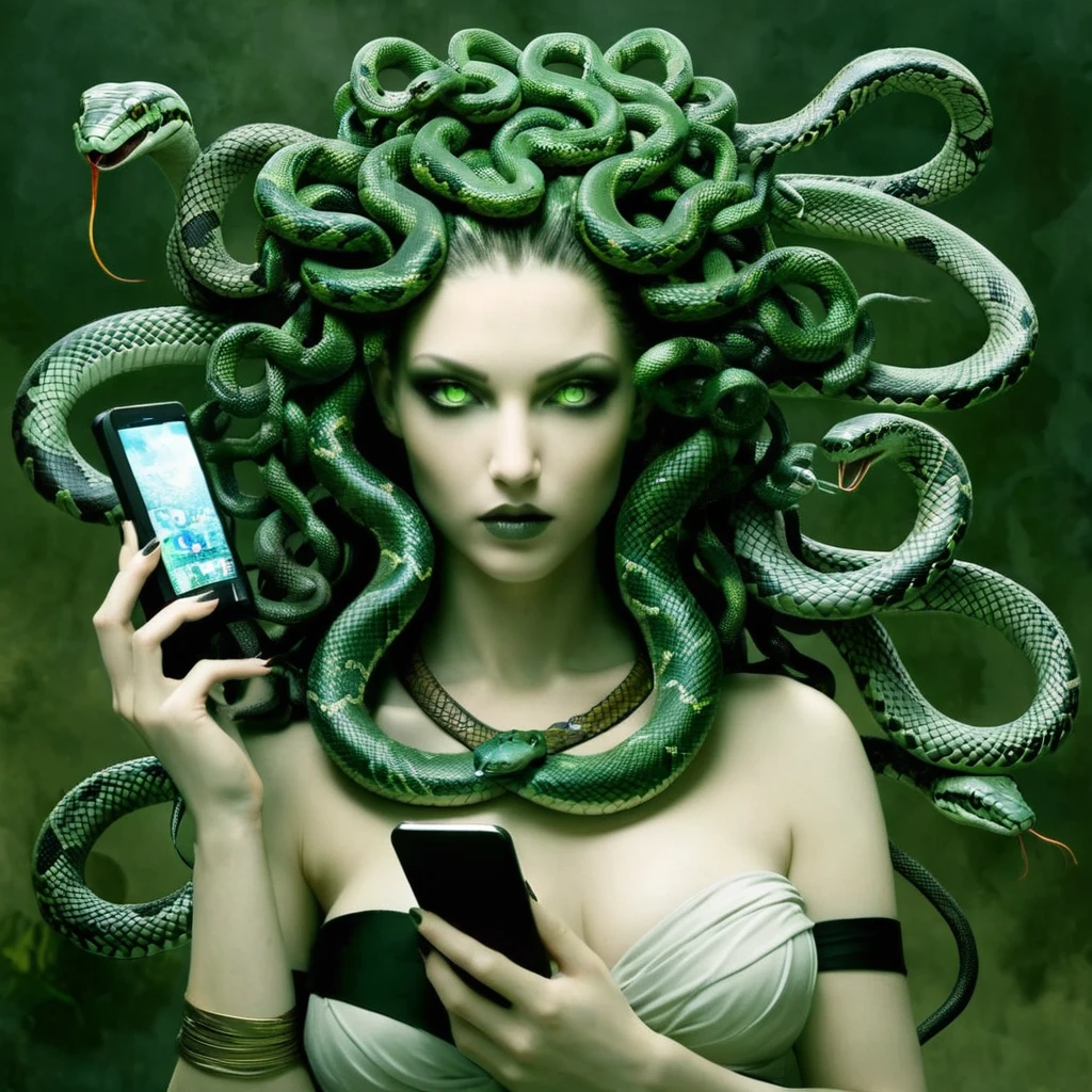 Dark Fantasy Art of  Medusa a woman with snake dreads holding a cell phone In Greek mythology, Medusa, also called Gorgo,  a human female with living venomous snakes in place of hair, dark, moody, dark fantasy style, full full body photo of Medusa, pale skin, hairless, scalp is made of tiny snakes with their own heads, hundreds of tiny snakes growing from her head, big , bra, snake body from waist down, legless, green eyes.