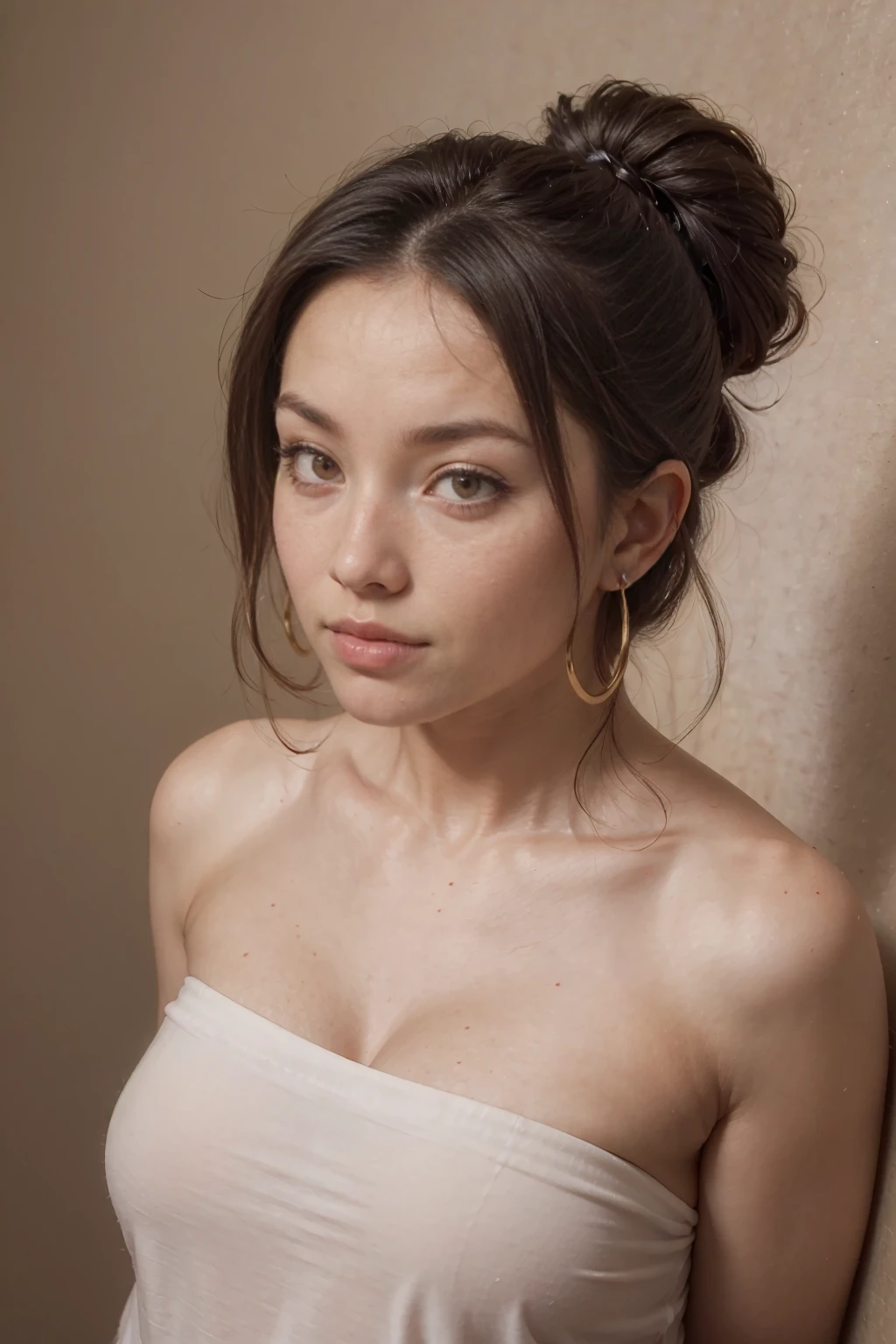 A young 19-year-old woman named Lila Nakamura with a mixed Japanese and Northern European heritage. She has thick dark black eyeliner, glossy lips, and a cute, endearing expression. She has straight, black hair with blonde highlights or a blonde tint that falls just past her shoulders, styled in a neat and polished manner. Her eyes are almond-shaped with a light, striking blue color, accentuated by subtle eyeshadow and mascara. Her skin has a light tone with a natural, fresh look, and she has a few delicate freckles across her nose. She is wearing a simple, professional outfit, consisting of a white blouse and dark jeans, and accessorized with small gold hoop earrings. The background is a neutral studio setting with soft lighting to highlight her features.