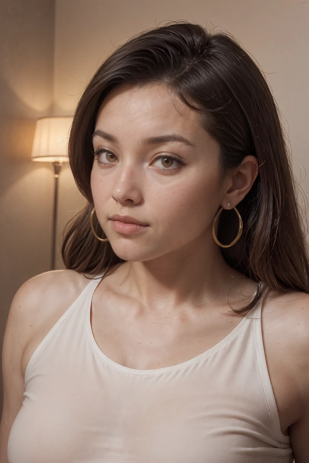 A young 19-year-old woman named Lila Nakamura with a mixed Japanese and Northern European heritage. She has thick dark black eyeliner, glossy lips, and a cute, endearing expression. She has straight, black hair with blonde highlights or a blonde tint that falls just past her shoulders, styled in a neat and polished manner. Her eyes are almond-shaped with a light, striking blue color, accentuated by subtle eyeshadow and mascara. Her skin has a light tone with a natural, fresh look, and she has a few delicate freckles across her nose. She is wearing a simple, professional outfit, consisting of a white blouse and dark jeans, and accessorized with small gold hoop earrings. The background is a neutral studio setting with soft lighting to highlight her features.