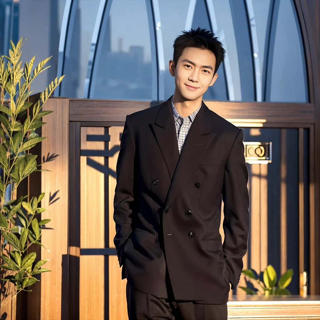 Masterpiece, best quality, height, Ultra high resolution,TRUE, photoTRUEistic,young man,handsome face,evening,natural light,look at viewer,outdoor,full body,smile,round face,short hair,Eye details,Shanghai city road,night scenery