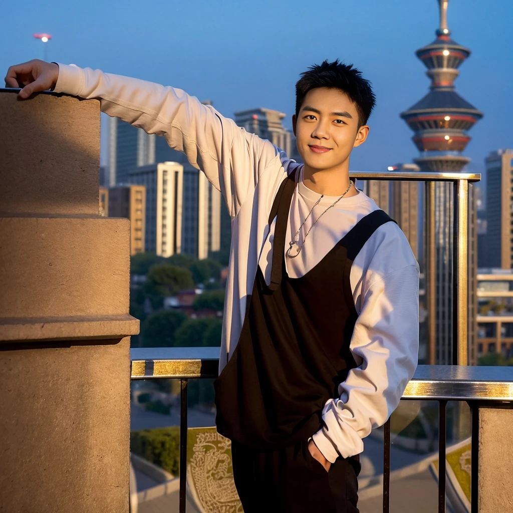 Masterpiece, best quality, height, Ultra high resolution,TRUE, photoTRUEistic,young man,handsome face,evening,natural light,look at viewer,outdoor,full body,smile,round face,short hair,Eye details,Shanghai city road,night scenery