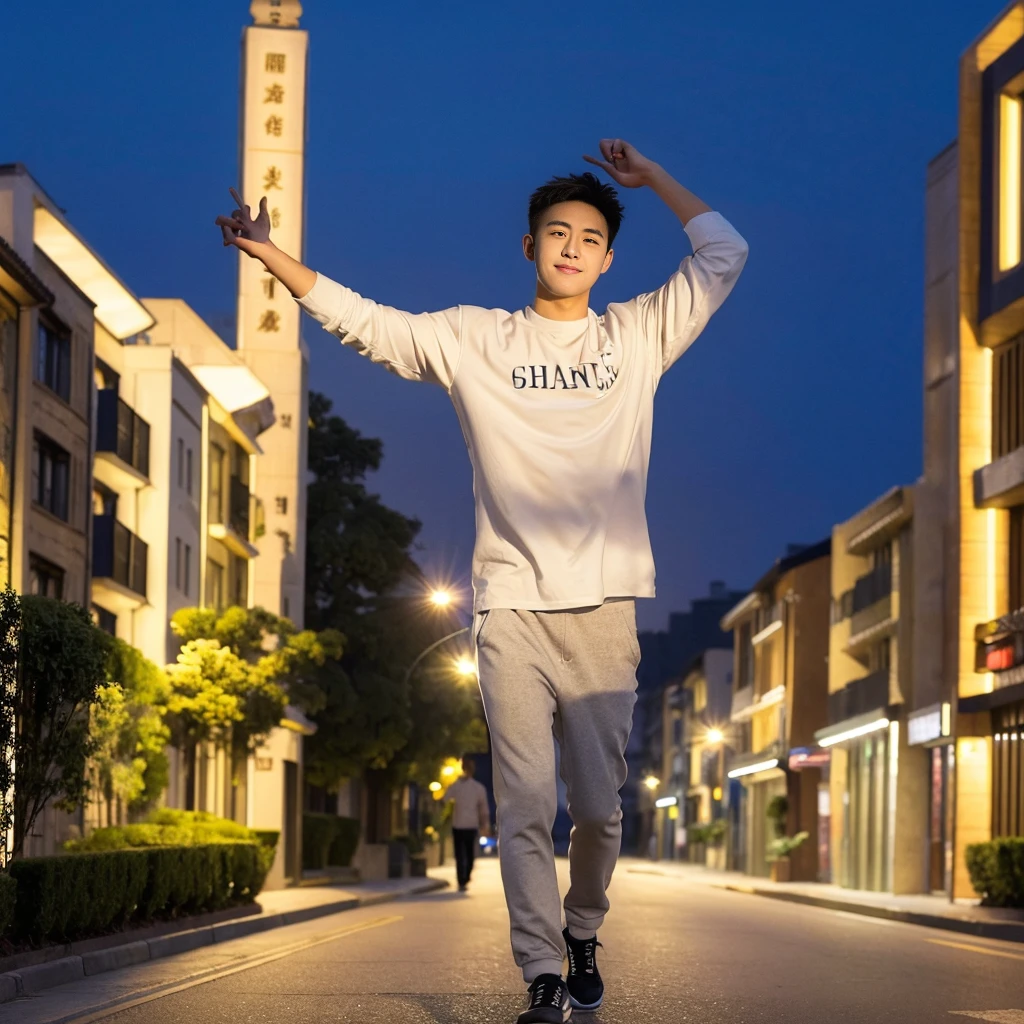 Masterpiece, best quality, height, Ultra high resolution,TRUE, photoTRUEistic,young man,handsome face,evening,natural light,look at viewer,outdoor,full body,smile,round face,short hair,Eye details,Shanghai city road,night scenery