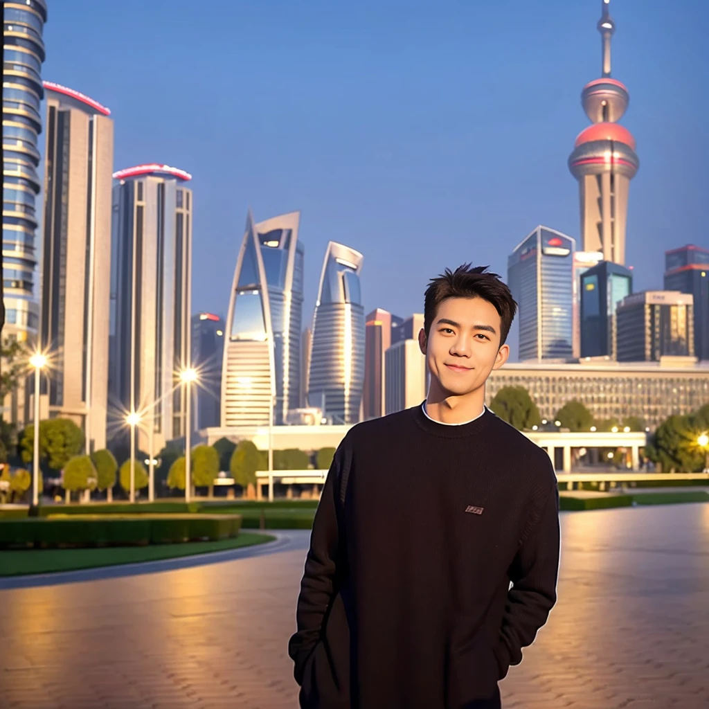 Masterpiece, best quality, height, Ultra high resolution,TRUE, photoTRUEistic,young man,handsome face,evening,natural light,look at viewer,outdoor,full body,smile,round face,short hair,Eye details,Shanghai city road,night scenery