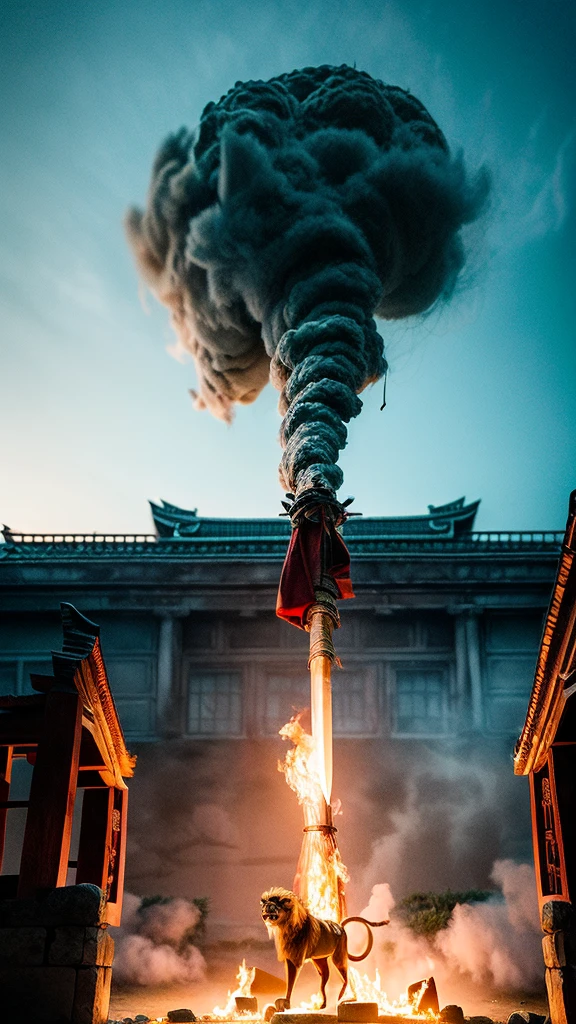 blood girl, and a huge fire lion, made of smoke, wearing a warrior outfit complete with armor hovering around the ruins of an ancient temple, inspired by Japanese gods, carrying a huge divine sword, temple background, Japan, dark, horror vibes, , smoke , fire , big add some big snakes in the back , japanese mythical god , evil smile , crazy eyes , blindfold , fuji color , high detail , high quality , accurate