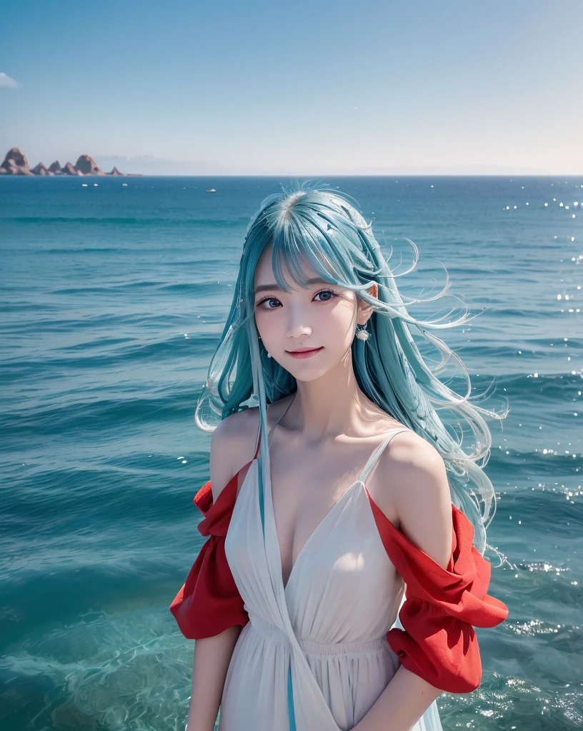 (Highest quality, 32k, High resolution, Masterpiece:1.5), marimo_jet, god々A photograph with brilliant dazzling and healing power., Evoking a sense of calm and elusive beauty, Expressing emotions, Have a rich imagination, Beautiful Japanese Girls, An exceptionally beautiful face, Small Face Beauty, , Perfect Human Anatomy, Magical big eyes, Motherhood and generosity, Deep Love, fleeting smile, Shiny light blue hair, Beautiful super long hair swaying in the wind, Asymmetrical bangs, Hair between the eyes, Transparent, soft white skin, Sharp eyebrows, Thin lashes, ((Natural Makeup:1.3)), (Red dress:1.3), High resolutionの美しい太もも, ((Distant Horizon:1.5)), ((The water surface reflects the sky like a mirror:1.3)), Beautiful detailed blue sky, Professional photographer, Professional Lighting, Professional models