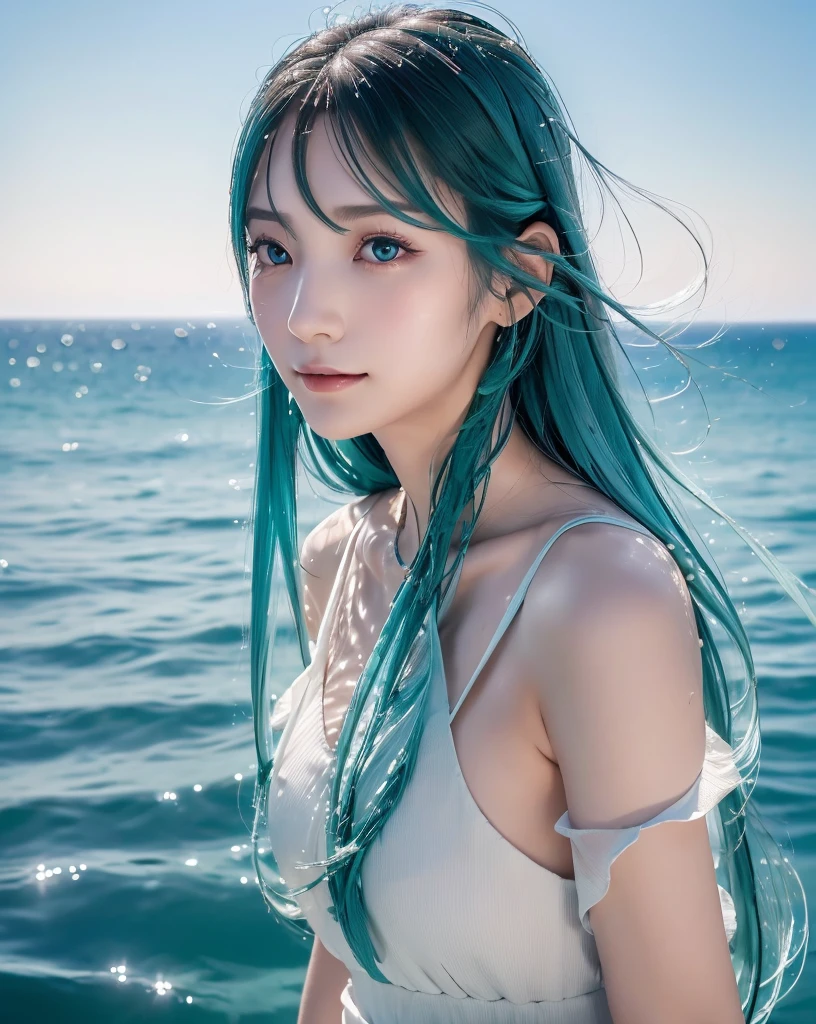 (Highest quality, 32k, High resolution, Masterpiece:1.5), marimo_jet, god々A photograph with brilliant dazzling and healing power., Evoking a sense of calm and elusive beauty, Expressing emotions, Have a rich imagination, Beautiful Japanese Girls, An exceptionally beautiful face, Small Face Beauty, , Perfect Human Anatomy, Magical big eyes, Motherhood and generosity, Deep Love, fleeting smile, Shiny light blue hair, Beautiful super long hair swaying in the wind, Asymmetrical bangs, Hair between the eyes, Transparent, soft white skin, Sharp eyebrows, Thin lashes, ((Natural Makeup:1.3)), (Red dress:1.3), High resolutionの美しい太もも, ((Distant Horizon:1.5)), ((The water surface reflects the sky like a mirror:1.3)), Beautiful detailed blue sky, Professional photographer, Professional Lighting, Professional models