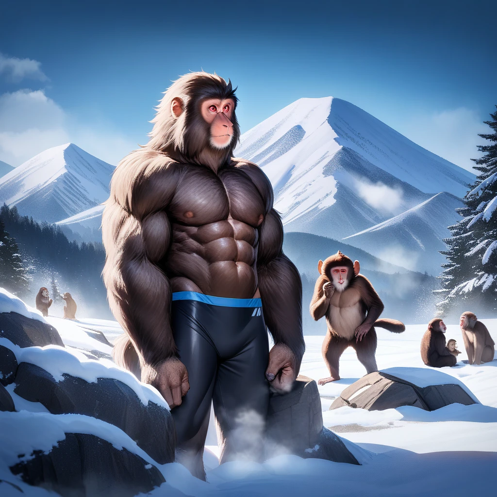 Masterpiece, best quality, very aesthetic, absurdres, create an image of anime male character and landscape in comedy shounen art style. up in the middle of dark high mountain, with blizzard snow and freezing temperatures, there are no shelter to be found. there is only a tiny hot spring available only. our human male hero, wearing swimming trunk, a Japanese macaque, its fur fluffed against the cold, ready to square off, for a dip into the hot spring to keep warm