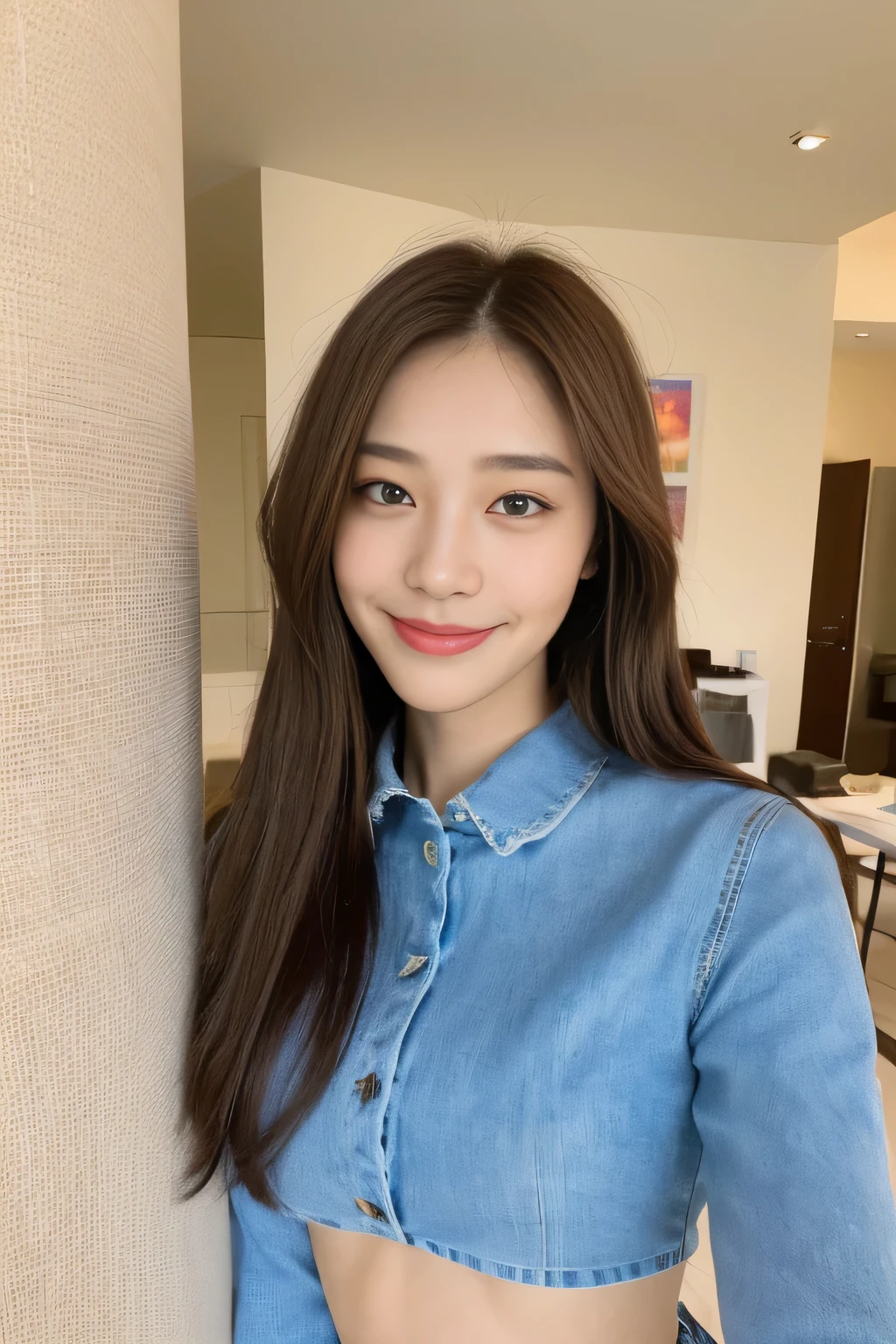 seed:2020674263.((Full body angle:1.1)).((Highest quality, 8K, masterpiece:1.3)), ((from below:1.1)).concentrated:1.2, Perfect body beauty:1.4, Hips:1.2, ((Delicate Hair)), (Colorful button-through crop shirt :1.1) , ((Highest quality、、masterpiece:1.3))、1 Girl、A sloppy smile、Esbian all over、Slim face、Big Boobs、Beautiful woman、(Dark Brown Hair)、Long Hair、1、Flickering Valley、Detailed eyes、double eyelid、Blurred Background、超Slim face、Smile、Looking down、stroll、