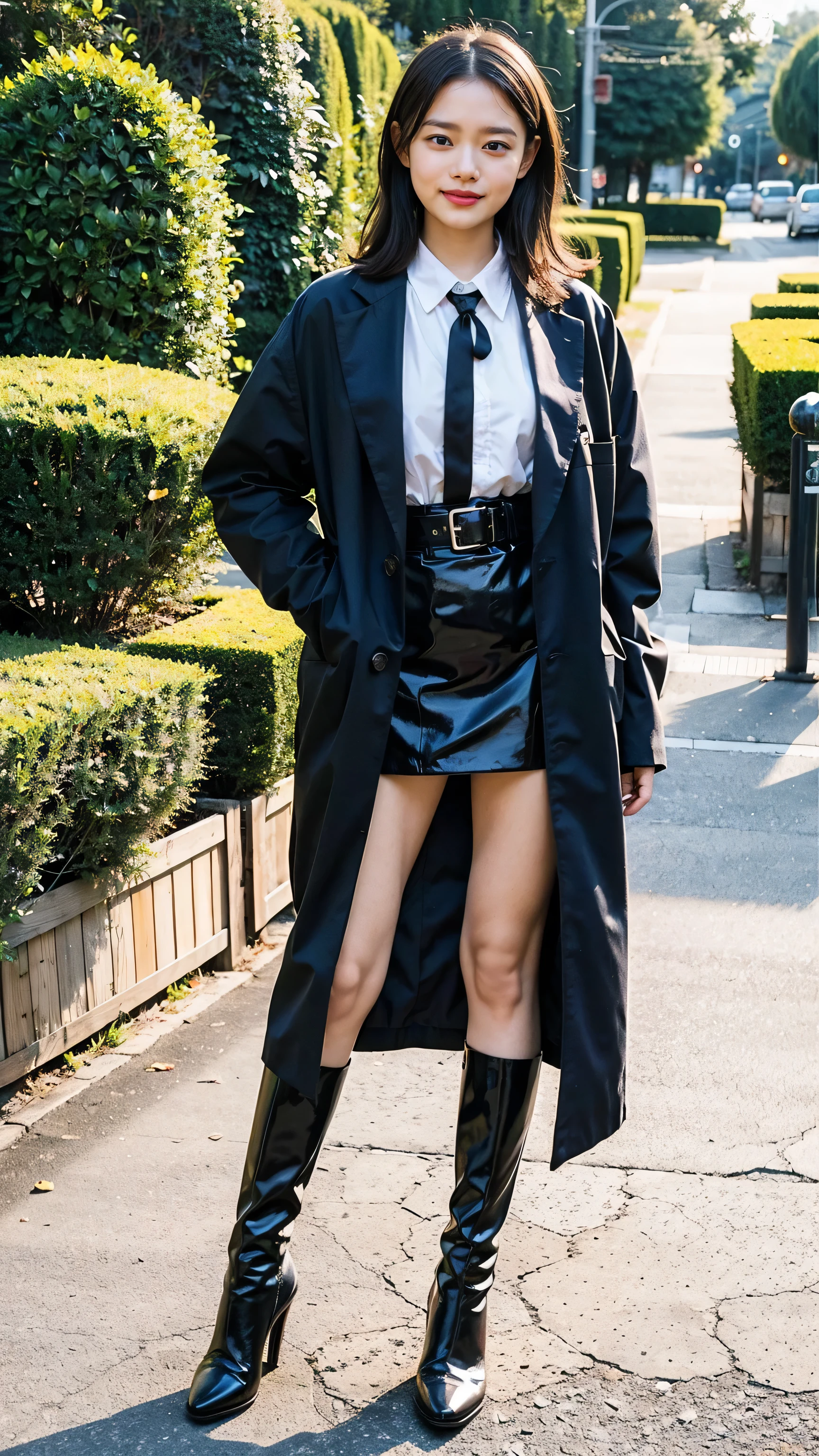 (8K、RAW Photos、Highest quality、masterpiece:1.2)、(Realistic、Realistic)、1 Girl、((mini skirt、Black and Pink、Thin legs、whole body、boots、Black coat、one piece、garden、smile、View from the front、Ribbon on chest、Looking into the camera、belt、Stand with hands on hips))、