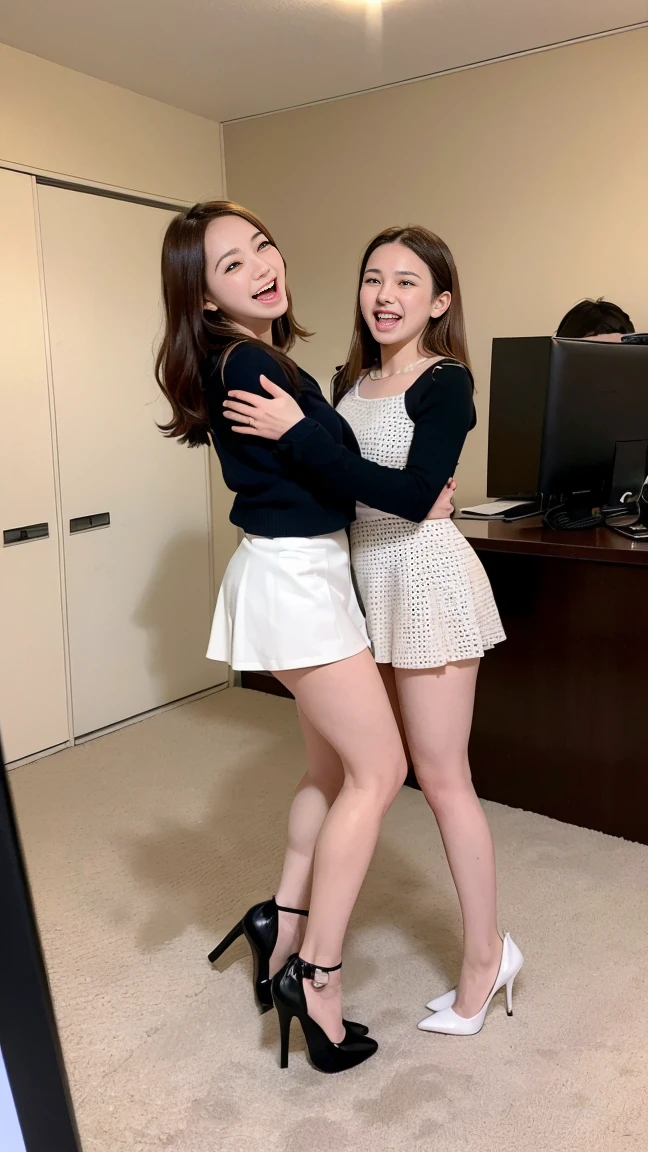 2 girls, lifting each skirts, ((thigh up nude photo)), ((blue pleated skirts)), Neat and clean, Photo-real, detailed, Skin Texture, ultra-detailed, ((big smiling)), Super Detailed childish Face, Detailed lips, detailed eyes, tiny chest, Smaller chest, mall, flat breast, Bright childish face, slim body, (((naked))), various hairstyle, various face, standing upright, facing towards me, childish cute face, looking at me, naughty smile, 2 naked girls