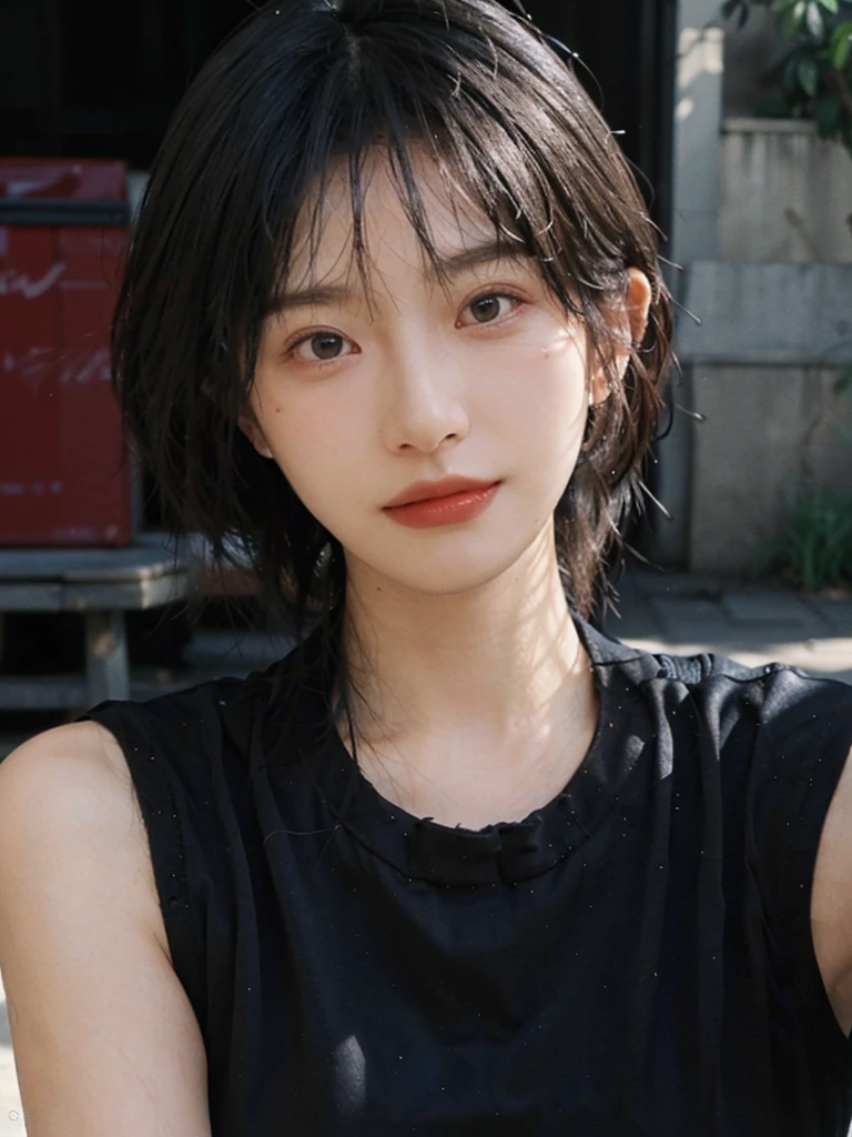 (Skin details:1.4), (smooth skin textures:1.3), （Upper Body：1.4），（Upper Body：1.3)，(Black clothes:1.4)，Lipstick, background, earrings, serene, calm, (Realistic and detailed eyes：1.2）, Natural skin texture, Realistic facial details, Soft dramatic lighting, Vivid details, 35 mm film, outdoor, (Photo Practical:1.4), (hyper Practical:1.4), (Practical:1.3), (Smoother lighting:1.05), (Improve lighting quality:0.9), (Highest quality real skin textures:1.4), Exquisite eyes, Delicate face, Close-up of face, (Enhance the beauty of skin texture:1.1),0Normal body proportions, short hair, Moles under the eyes, A faint smile,Portrait Photography, Depth of Field, Bokeh, Surrealism, Ray Tracing, (Portrait Photography:1.1), Surrealism, High Detail, Chiaroscuro, Ray Tracing, reflected light, Ultra HD, Ultra HD, masterpiece, Textured Skin, Super Detail, High Detail, high quality, best quality
