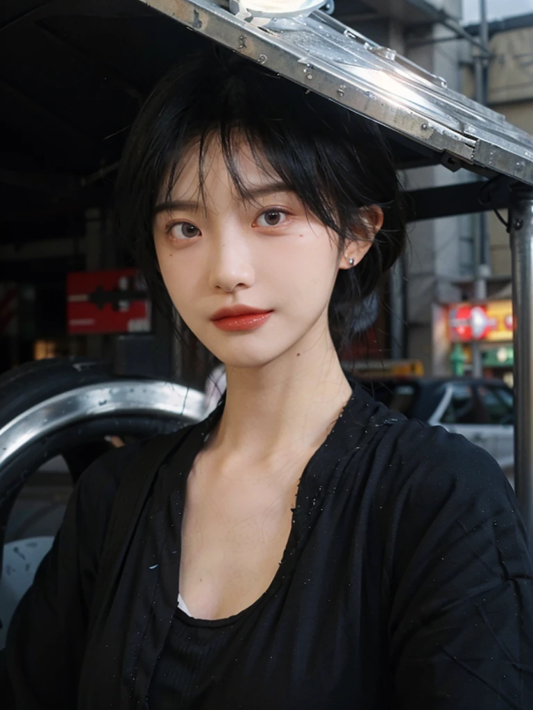 (Skin details:1.4), (smooth skin textures:1.3), (Upper Body:1.4),(Upper Body:1.3),(Black clothes:1.4),Lipstick, background, earrings, serene, calm, (Realistic and detailed eyes:1.2), Natural skin texture, Realistic facial details, Soft dramatic lighting, Vivid details, 35 mm film, outdoor, (Photo Practical:1.4), (hyper Practical:1.4), (Practical:1.3), (Smoother lighting:1.05), (Improve lighting quality:0.9), (Highest quality real skin textures:1.4), Exquisite eyes, Delicate face, Close-up of face, (Enhance the beauty of skin texture:1.1),0Normal body proportions, short hair, Moles under the eyes, A faint smile,Portrait Photography, Depth of Field, Bokeh, Surrealism, Ray Tracing, (Portrait Photography:1.1), Surrealism, High Detail, Chiaroscuro, Ray Tracing, reflected light, Ultra HD, Ultra HD, masterpiece, Textured Skin, Super Detail, High Detail, high quality, best quality