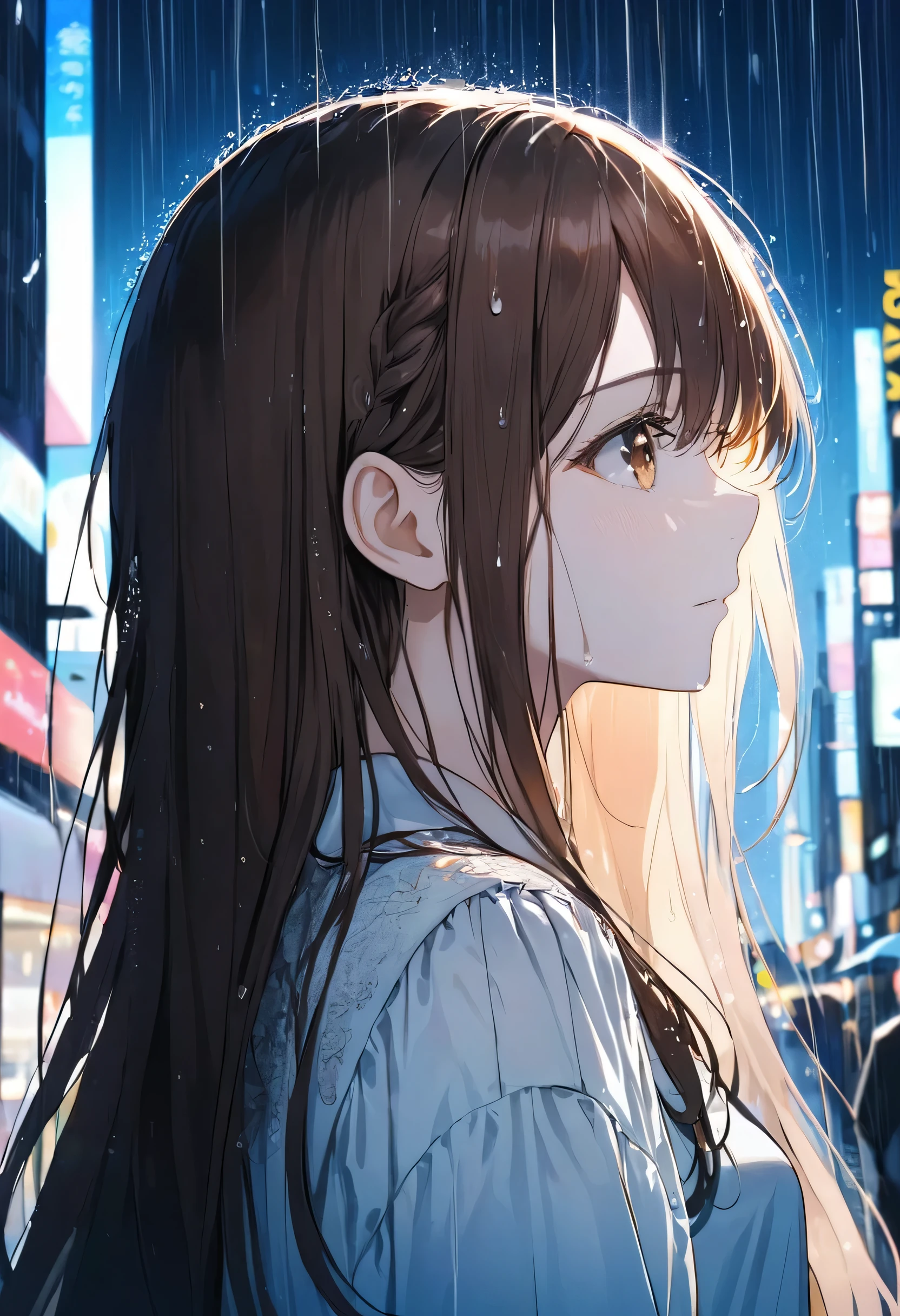 One girl, profile, Look to the side, Depth of written boundary, Long Hair, French Braid, Straight hair, Portraiture, Modern city, blouse, Brown Hair, look up, rain, raindrop, Lens flare, Rainy night sky、eyeliner, eye shadow, masterpiece, Highest quality、Dark Background