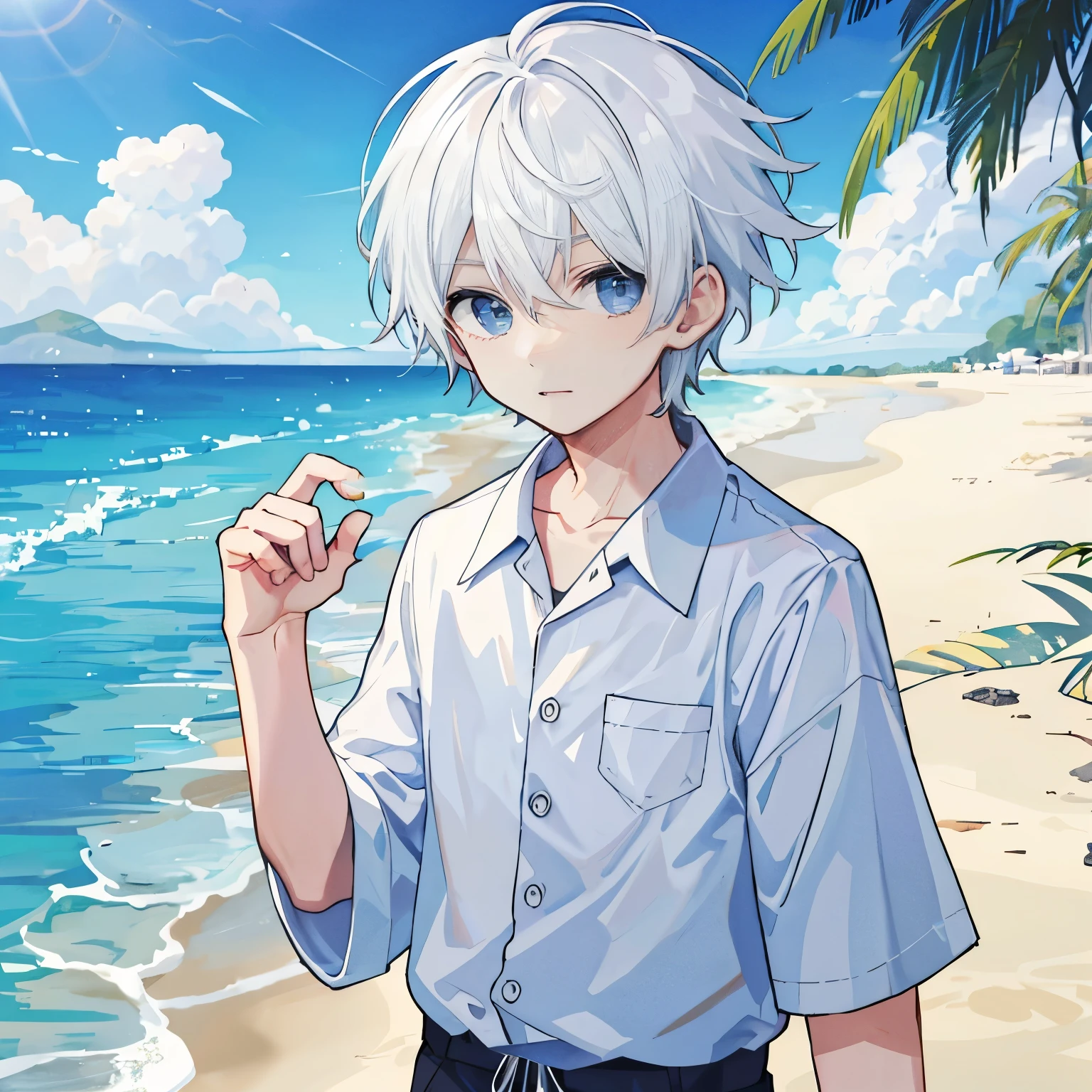 1 boy, white hair, Cute face, Enjoying the summer beach