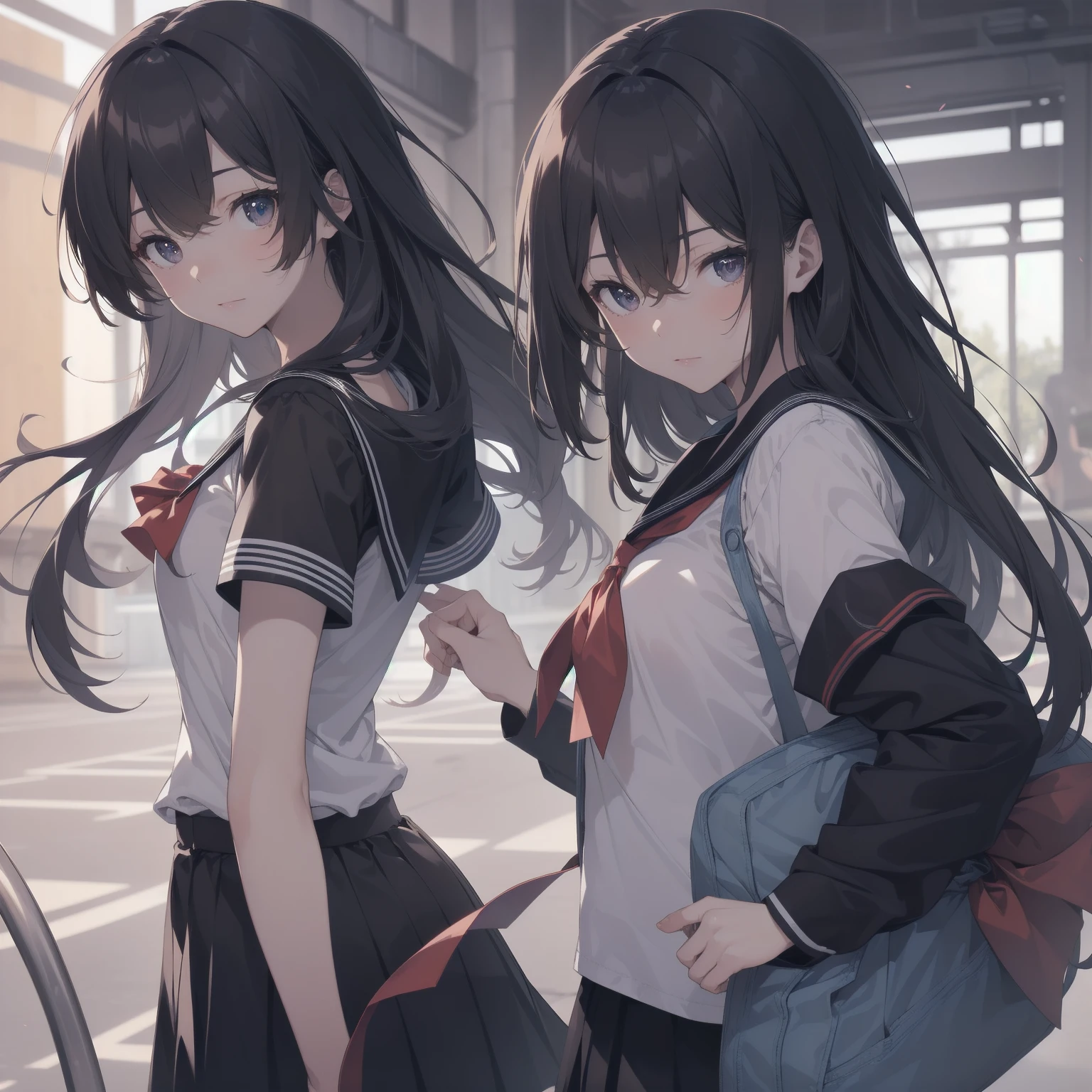 ultra-absurdres-Top quality by artist God, ultra-detailed, high resolution, anime moe artstyle, best anime 8k konachan wallpaper, pixiv contest winner, pool:2810, perfect anatomy,break, 1girl, (Please draw a girl walking sleepily to school alone. )break,(Solo,little female, 13-year-old:1.3),Full limbs, complete fingers,a junior high school student, (very short hair), short cut, flat chest, , small butt, small black eyes, beautiful detailed eyes, well-proportioned iris and pupils, expressive eyes, highres detailed hair, soft expression, salor school_uniform, sailor collar, serahuku, bow, pleated skirt,(Detailed Lighting), (Detailed background), in the School commute route. break,super detailed skin, Best cinematic lighting powered by famous artist, 8k,beauty illustration,photoshop_(medium),very aesthetic,break,((artist:kitsunerider )), artist:clamp ,artist:carnelian ,artist:kantoku ,