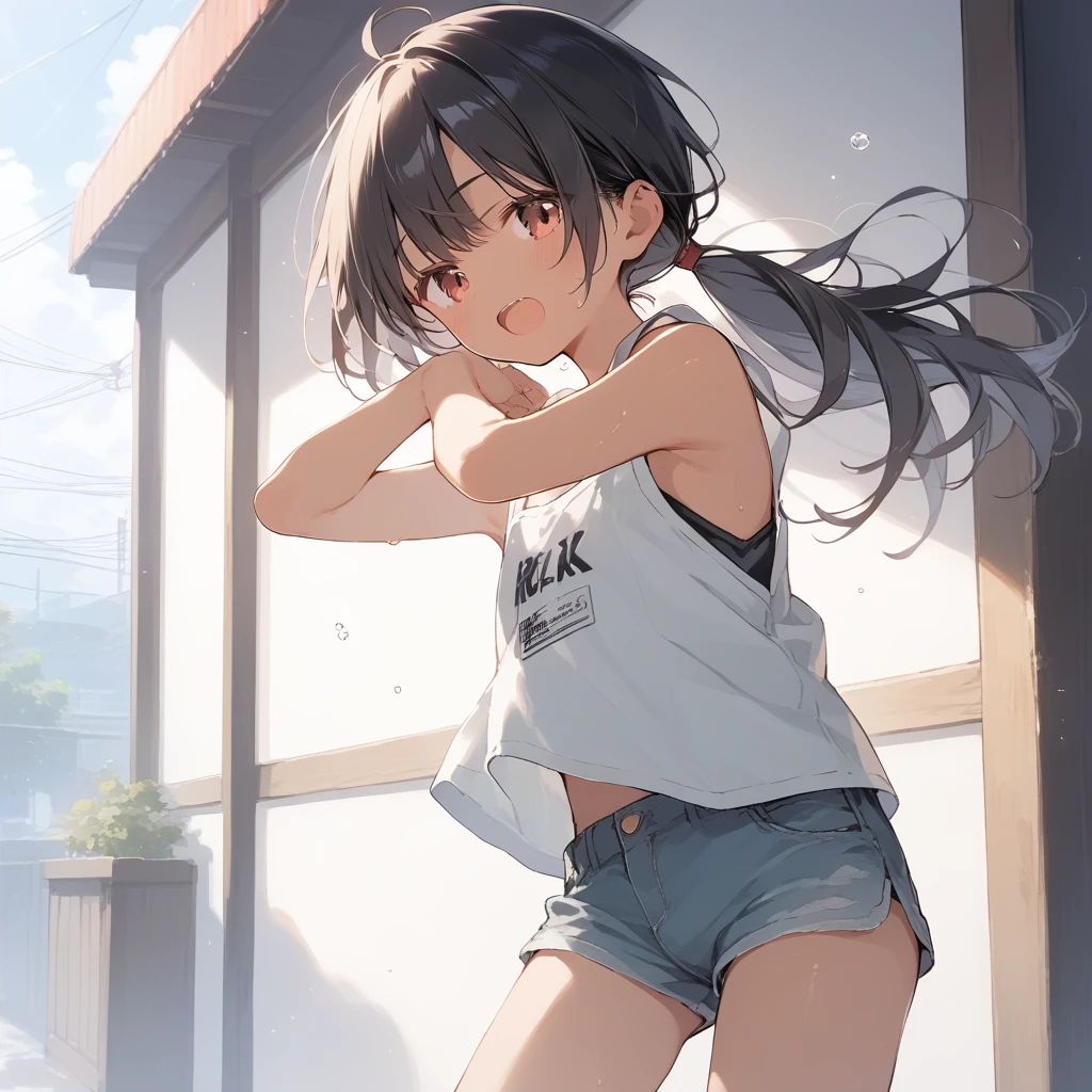score_9, score_8_up, score_7_up, source_anime, best quality, masterpiece, official art, absurdres, highres, ultra-detailed,waifu2x,Collection: Slice of Life,break,1girl, tomboy, dark-skinned female, short hair, low ponytail, flat chest, beautiful detailed eyes, short shorts, sweat, open mouth, (yawn:0.3), sleepily, outdoors, wind, break,(clear line illustration:1.2),very high resolution, very aesthetic, super detailed skin, Best sexual lighting powered by famous artist, 8k,cute picture,beauty illustration,photoshop_(medium),,(Detailed Lighting),best anime 8k konachan wallpaper, pixiv contest winner,