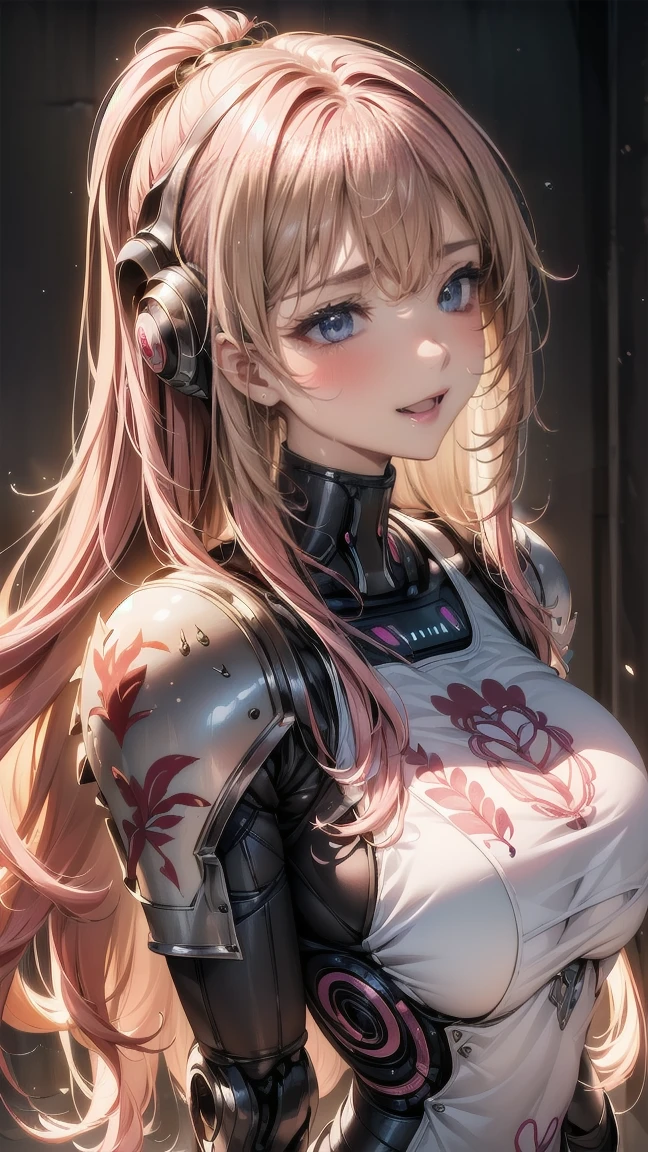 ((1 girl:1.5),(embroidered cybernetic body:1.5),big and full breasts,(Me armor:1.5)),(best image quality, excellent details, ultra high resolution, (Realism: 1.4), best illustrations, Favor details, 1 girl concentrated in high concentration,laughter、(before:1.5),(dynamic:1.5),(bold:1.5)),(thin hair:1.8),(loose long hair、pink hair:1.5),(long flowing bangs:1.5),one eye stretch,The background is a high-tech lighting scene of a futuristic city