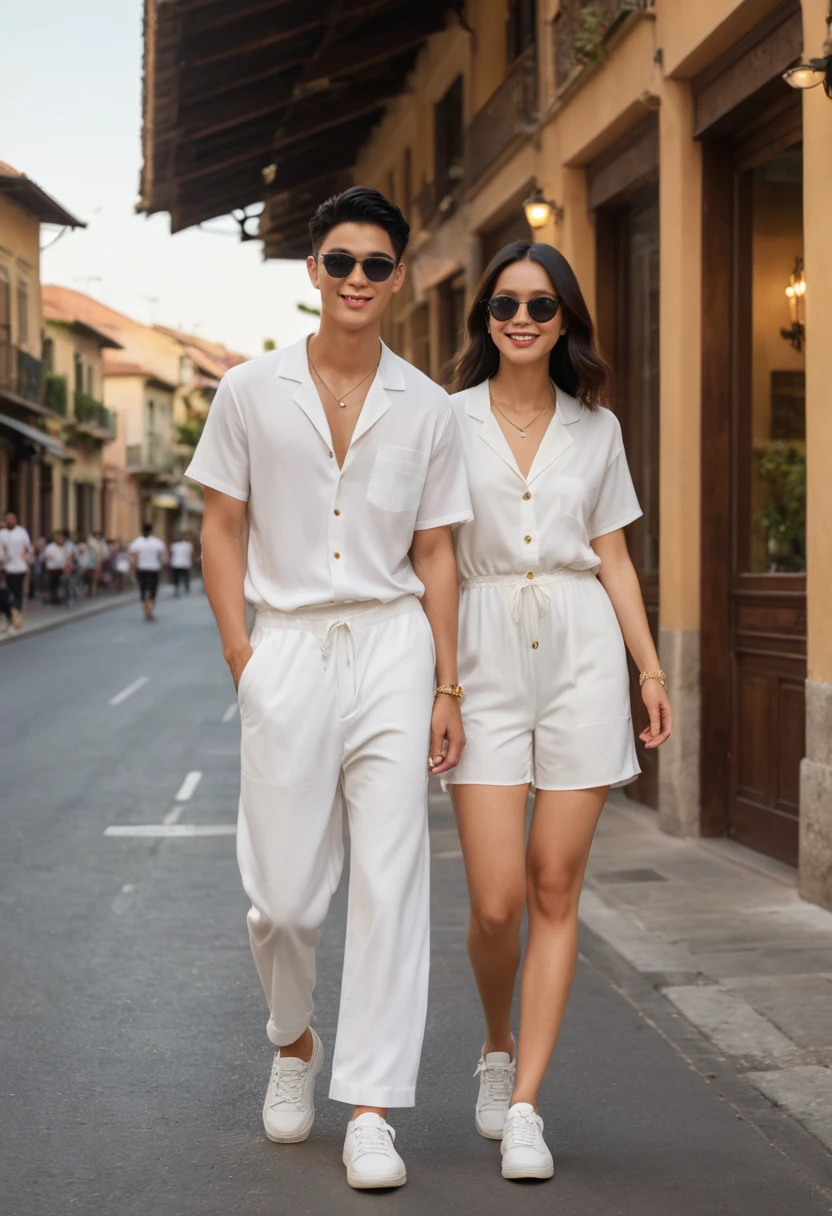 candid fashion illustration of young Asian man and woman, both aged 20 year old, ((showcase fashion look book in a White rayon outfits)), inspired by Zara's resort collection 2020 in elegant young bohemian style. The man wears an oversized short-sleeved bowling white shirt with a pocket details, paired with relaxed-fit white Sports Wide Leg Shorts Baggy short and Drawstring, He completes his look with white sneakers, sunglasses and bracelet. The woman complements him in a white Ankle-length dress in a rayon with delicate lace insets, V-shaped neckline, covered buttons down the front and an open section, spaghetti shoulder straps, Gathered tiers down the skirt and a scalloped hem, Her ensemble includes an accessorizes with a wide-brimmed straw hat, white sneakers and necklace. Captured in a low angle, ((full-body image)), The photograph is taken with a Canon EOS R camera using an 85mm f/1.8 lens at an f/2.2 aperture, utilizing natural light. Employing three-point lighting and incorporating 3D animation shadows enhances his features and adds depth to the composition. The careful layering and arrangement of his body parts and surrounding objects ensure a flawless composition. This masterpiece celebrates the beauty of the male form and invites viewers to immerse themselves in a world of sophistication and charm. The seductive lighting and intricate details, combined with a dramatic composition, invite viewers to revel in the essence of a fun-filled day, brimming with joy and relaxation. Attention is meticulously paid to the layers and arrangement of his body parts and surrounding objects, ensuring correct body structure and photo distance. The romantic atmosphere, paired with a lively and extremely gorgeous background, enhances the overall allure of this exquisite image.