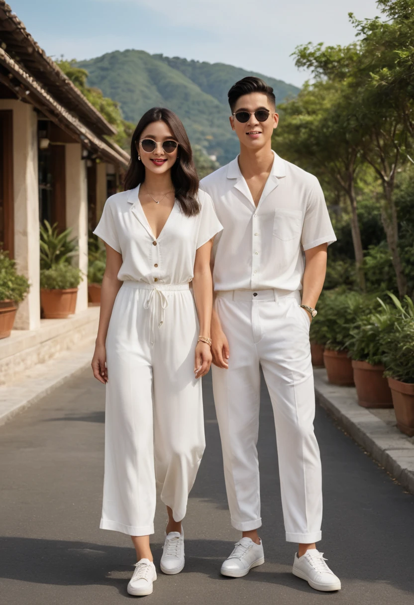 candid fashion illustration of young Asian man and woman, both aged 20 year old, ((showcase fashion look book in a White rayon outfits)), inspired by Zara's resort collection 2020 in elegant young bohemian style. The man wears an oversized short-sleeved bowling white shirt with a pocket details, paired with relaxed-fit white Sports Wide Leg Shorts Baggy short and Drawstring, He completes his look with white sneakers, sunglasses and bracelet. The woman complements him in a white Ankle-length dress in a rayon with delicate lace insets, V-shaped neckline, covered buttons down the front and an open section, spaghetti shoulder straps, Gathered tiers down the skirt and a scalloped hem, Her ensemble includes an accessorizes with a wide-brimmed straw hat, white sneakers and necklace. Captured in a low angle, ((full-body image)), The photograph is taken with a Canon EOS R camera using an 85mm f/1.8 lens at an f/2.2 aperture, utilizing natural light. Employing three-point lighting and incorporating 3D animation shadows enhances his features and adds depth to the composition. The careful layering and arrangement of his body parts and surrounding objects ensure a flawless composition. This masterpiece celebrates the beauty of the male form and invites viewers to immerse themselves in a world of sophistication and charm. The seductive lighting and intricate details, combined with a dramatic composition, invite viewers to revel in the essence of a fun-filled day, brimming with joy and relaxation. Attention is meticulously paid to the layers and arrangement of his body parts and surrounding objects, ensuring correct body structure and photo distance. The romantic atmosphere, paired with a lively and extremely gorgeous background, enhances the overall allure of this exquisite image.
