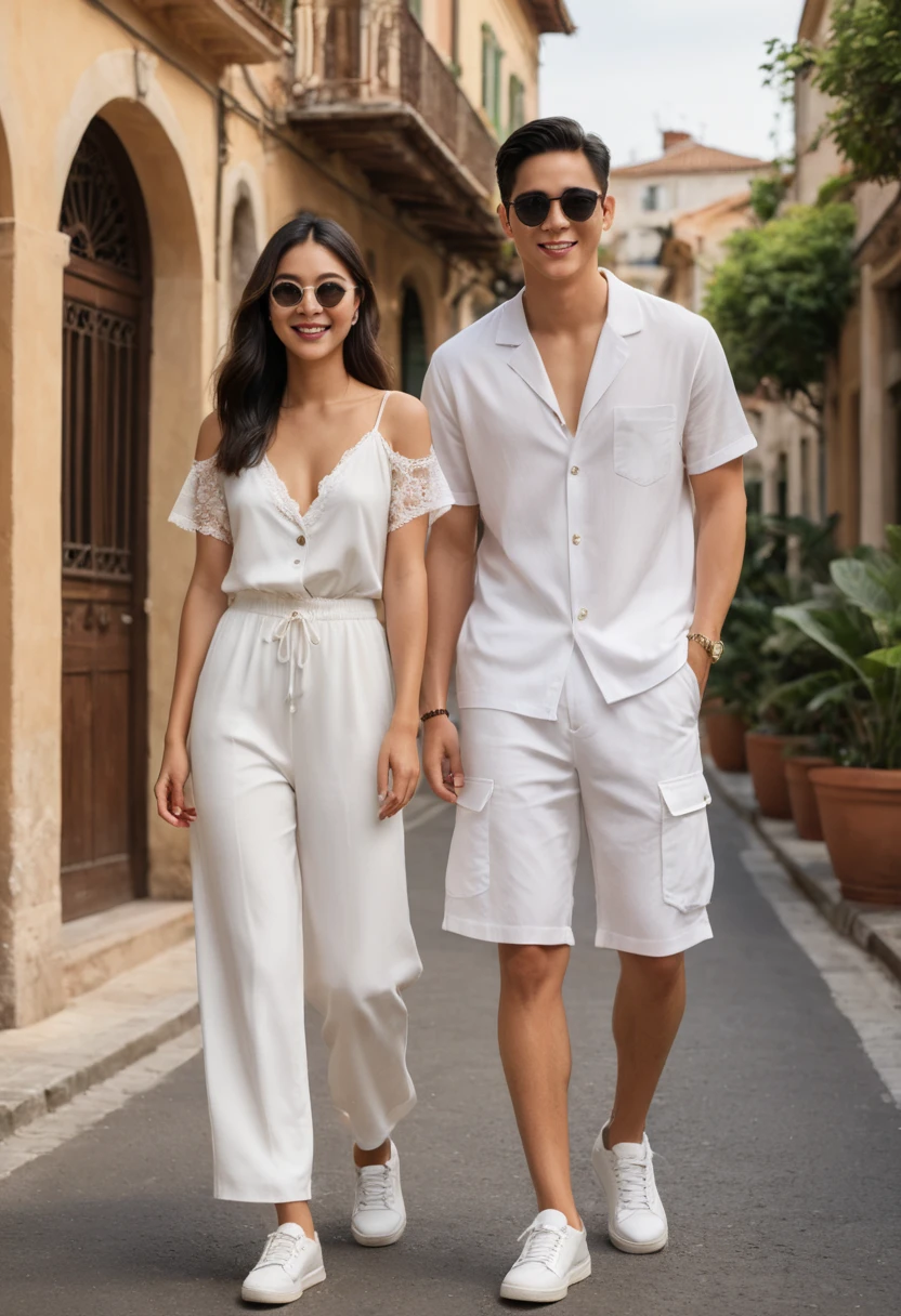 candid fashion illustration of young Asian man and woman, both aged 20 year old, ((showcase fashion look book in a White rayon outfits)), inspired by Zara's resort collection 2020 in elegant young bohemian style. The man wears an oversized short-sleeved bowling white shirt with a pocket details, paired with relaxed-fit white Sports Wide Leg Shorts Baggy short and Drawstring, He completes his look with white sneakers, sunglasses and bracelet. The woman complements him in a white Ankle-length dress in a rayon with delicate lace insets, V-shaped neckline, covered buttons down the front and an open section, spaghetti shoulder straps, Gathered tiers down the skirt and a scalloped hem, Her ensemble includes an accessorizes with a wide-brimmed straw hat, white sneakers and necklace. Captured in a low angle, ((full-body image)), The photograph is taken with a Canon EOS R camera using an 85mm f/1.8 lens at an f/2.2 aperture, utilizing natural light. Employing three-point lighting and incorporating 3D animation shadows enhances his features and adds depth to the composition. The careful layering and arrangement of his body parts and surrounding objects ensure a flawless composition. This masterpiece celebrates the beauty of the male form and invites viewers to immerse themselves in a world of sophistication and charm. The seductive lighting and intricate details, combined with a dramatic composition, invite viewers to revel in the essence of a fun-filled day, brimming with joy and relaxation. Attention is meticulously paid to the layers and arrangement of his body parts and surrounding objects, ensuring correct body structure and photo distance. The romantic atmosphere, paired with a lively and extremely gorgeous background, enhances the overall allure of this exquisite image.