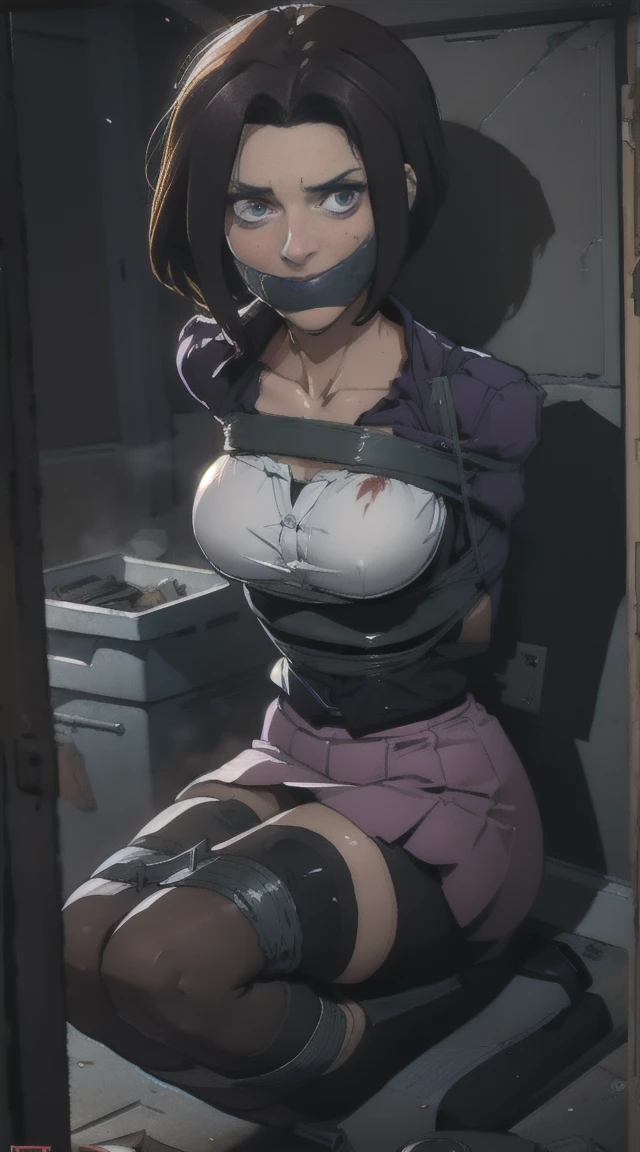 Highest quality, high resolution, looking at viewer, 1 woman with chin length hair, short hair, dark bob cut, thick hair, center part, undercut nape, stacked bob, voluminous hair, in her 30s, purple blouse, knee length, skirt, dark stockings, and calf boots, baggy blouse, wrinkled clothing, photo realistic, video game cut scene, smooth, detailed face, perfect skin, beautiful, Insanely detailed, (taped mouth), tape gag, gag, gagged, mouth taped, arms bound behind back, elbows taped, wrists taped, taped legs, taped arms, knees taped, frightened, pleading eyes, desperate escape attempt, , dingy basements, dilapidated interiors, decaying walls, blood stains,  body bags, trash bags, plastic tarps, saws and other tools, bloody tools, (bodies wrapped in plastic), flickering lights, creepy atmosphere, true crime, peril, kill room, impending rape, cinematic, anime, cowboy shot, wide shot, from above, award wining, masterpiece, super detail, detailed  background, anatomically correct, best quality, 16k