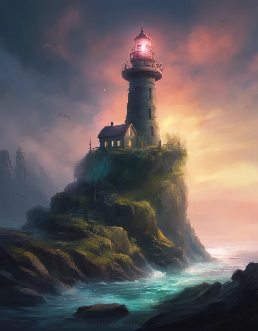 A dark and abandoned lighthouse..on a cliff full of stones and covered with moss. Full of fog and with a Lovecraftian atmosphere