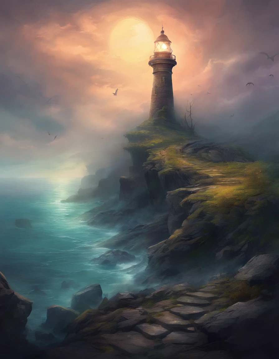 A dark and abandoned lighthouse..on a cliff full of stones and covered with moss. Full of fog and with a Lovecraftian atmosphere