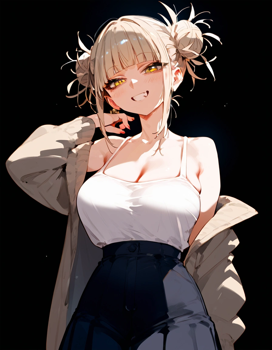 anime artwork, score_9, score_8_up, score_7_up, score_6_up, score_5_up, score_4_up, floox style    //////Himiko toga, big breasts, she is 24 years old, style_3, yellow eyes, black background, 