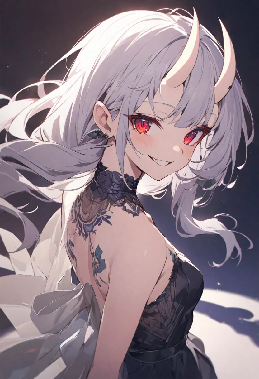 (muste piece), (best quality), very detailed eyes, expressive eyes, perfect face, very detailed face, highly detailed face, beautiful girl, 8K, beautiful girl, white background, delicate and beautiful face and eyes, dark intense shadow,
1 girl, vtuber style, cool girl, hololive, Nakiri Ayame, oni horns, tattoo, see-through:evening dress, small chest, cropped shoulders, clavicle from behind, looking back, smile, (full body), standing,
