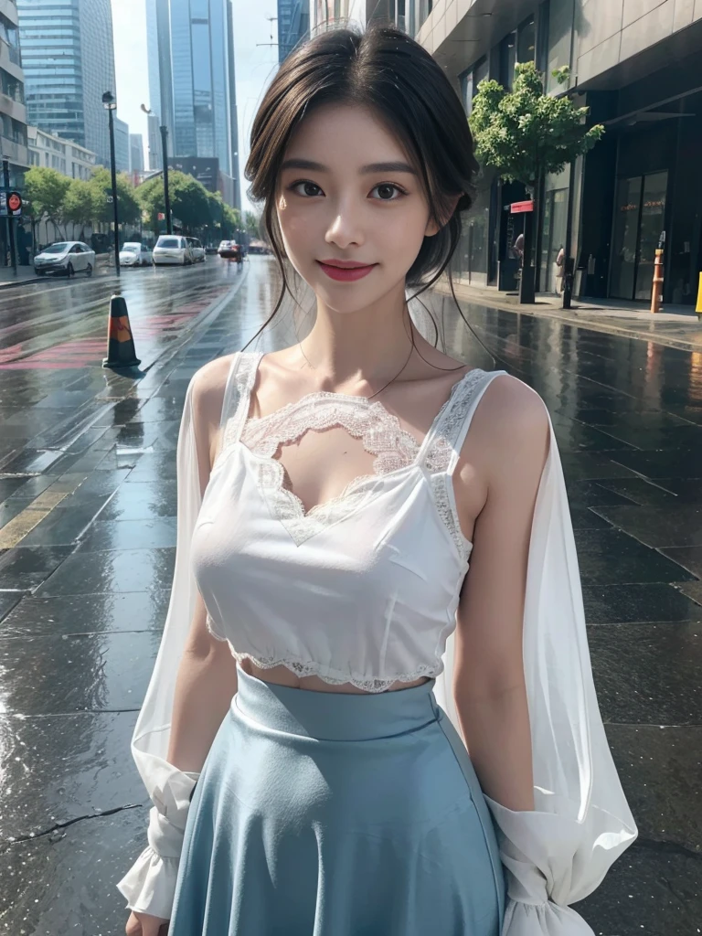 detailed,((best quality, 8K, masterpiece: 1.3)),upper body,dark brown hair, black eye,sharp focus: 1.2, beautiful woman with a perfect body: 1.4, ((Medium Hair, large: 1.2)), (small and beautiful hard (White blouse with lace、darkturquoise silk long maxi- skirt), (wet from rain: 1.2), (rain, street: 1.2), wet body: 1.1, Highly detailed face and skin texture, detailed eyes,White skin,,E cup,smile,Financial district of the big city,Skyscraper,White skin,Beautiful face,Modern skyscraper,