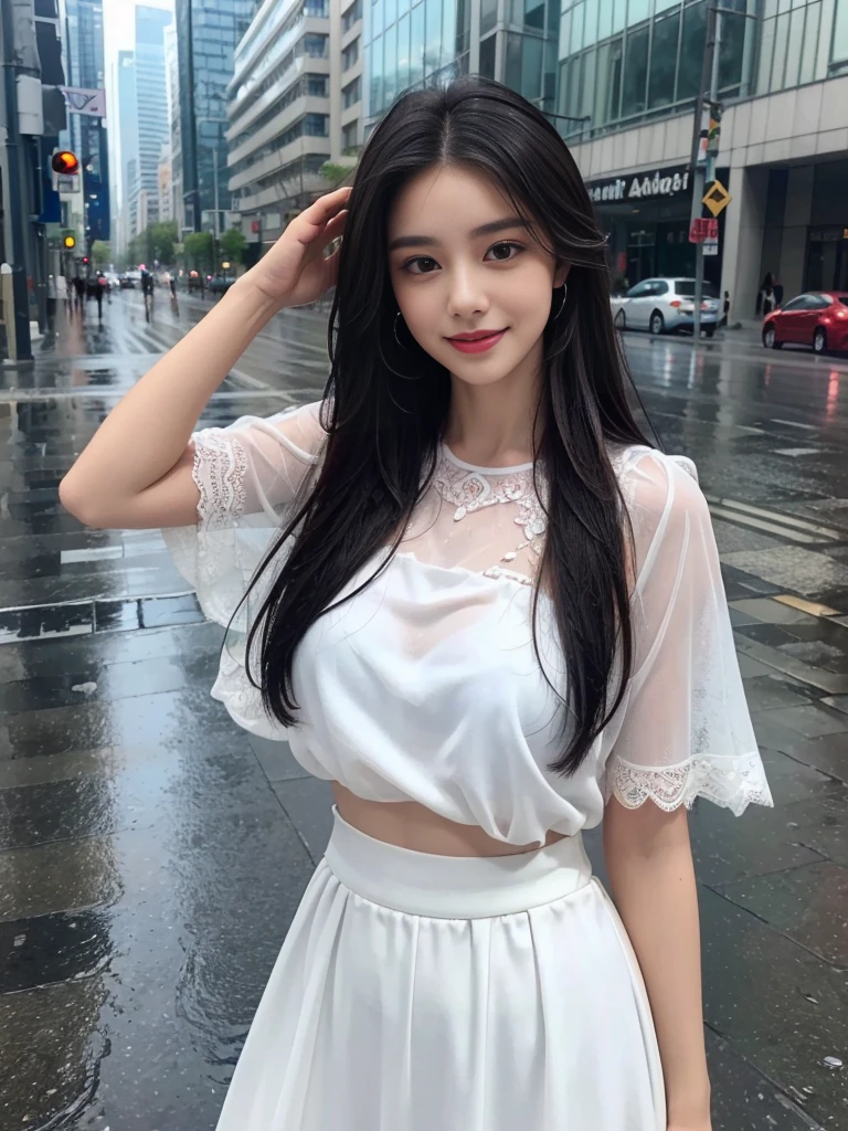 ((best quality, 8K, masterpiece: 1.3)),upper body,Black Hair, black eye,sharp focus: 1.2, beautiful woman with a perfect body: 1.4, ((midiam hair, large: 1.2)), (small and beautiful hard (White long sleeve blouse with lace、Silk Tight darkmagenta long skirt), (wet from rain: 1.2), (rain, street: 1.2), wet body: 1.1, Highly detailed face and skin texture, detailed eyes, double eyelids, White skin,,E cup,smile,Financial district of the big city,Skyscraper,White skin,Wet Hair、Wet Skin、Wet clothes、smile、 