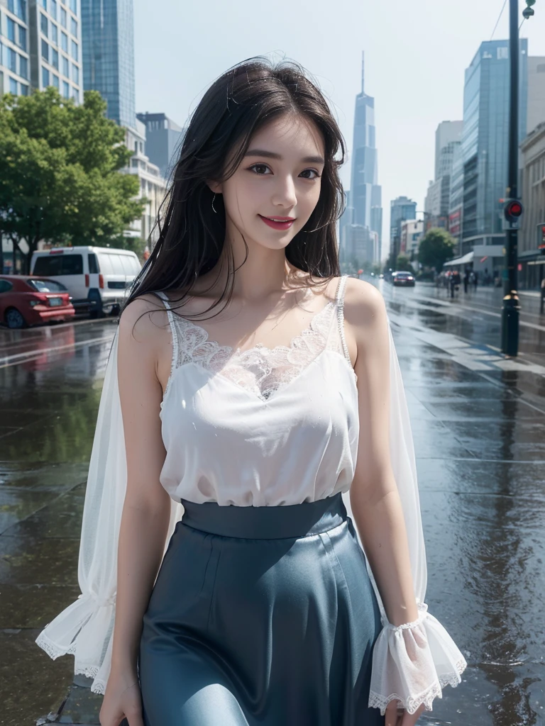 detailed,((best quality, 8K, masterpiece: 1.3)),upper body,dark brown hair, black eye,sharp focus: 1.2, beautiful woman with a perfect body: 1.4, ((Medium Hair, large: 1.2)), (small and beautiful hard (White blouse with lace、darkturquoise silk long maxi- skirt), (wet from rain: 1.2), (rain, street: 1.2), wet body: 1.1, Highly detailed face and skin texture, detailed eyes,White skin,,E cup,smile,Financial district of the big city,Skyscraper,White skin,Beautiful face,Modern skyscraper,