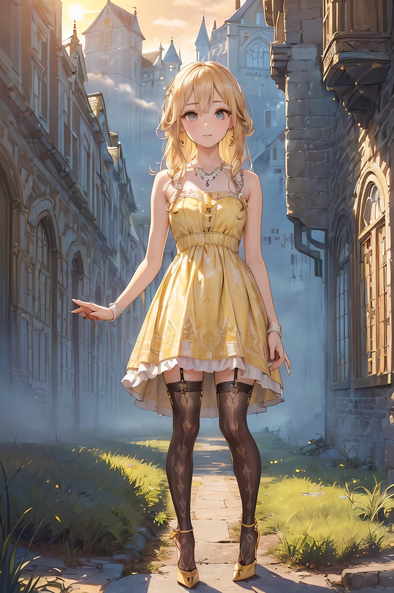 ((Biologically correct limb count))、(( From head to toe、Full-body photo including face))、4K、((Standing position))、masterpiece、((Focus on the face))、((Symmetrical facial features))、Eyes with detailed description、Beautiful woman、Great style、Beautiful arms、Beautiful legs、Beautiful Hands、(Small Ass、Thin thighs）、Facial detailing、Small earrings、necklace、(Yellow Gothic Dress、((High heels、Patterned stockings))）、((Standing in front of an old castle in the setting sun, looking up))、Close-up photo of the upper body、gloves、(((Blonde)))、(Thick fog)